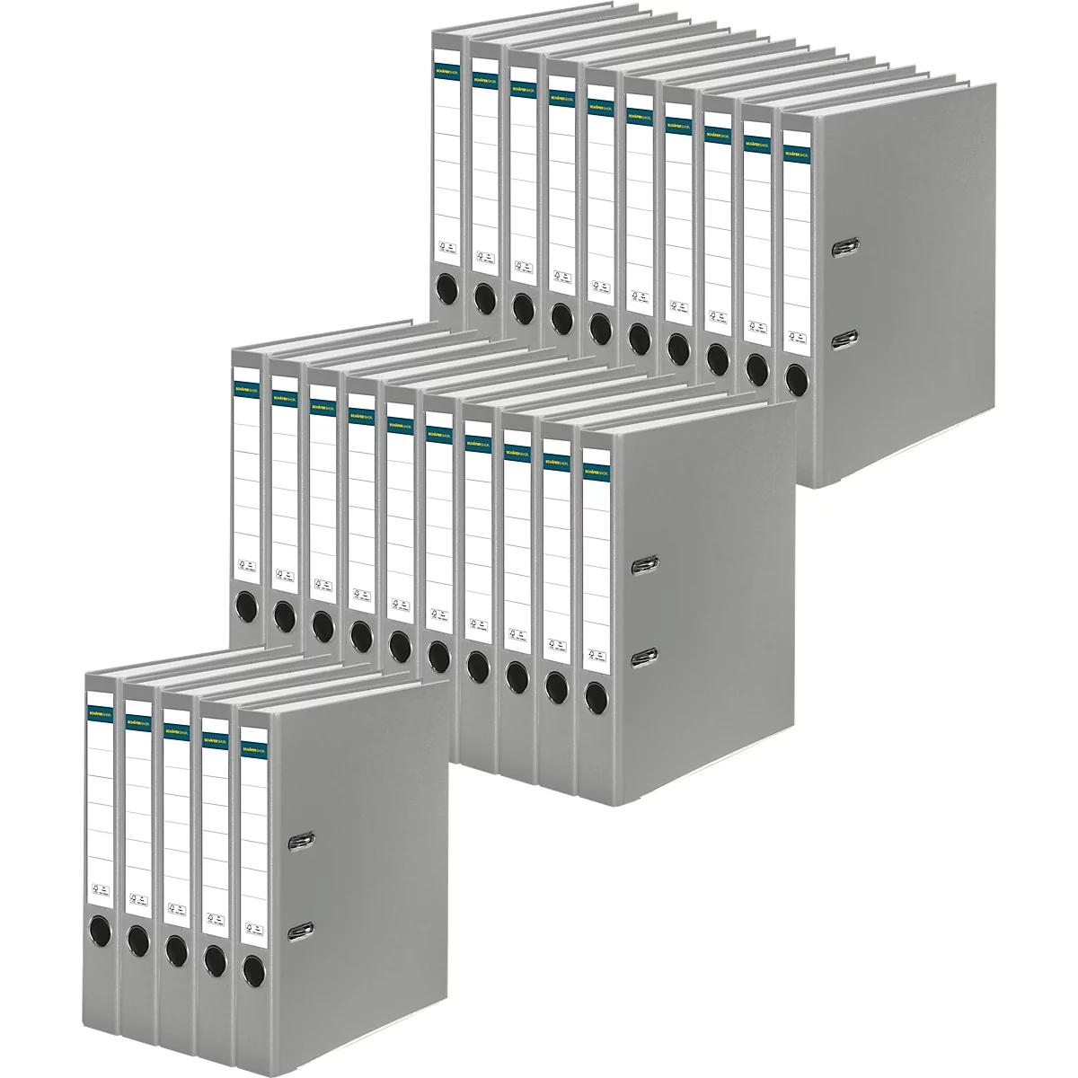 Several gray folders stacked. Each folder has a white label with green and black stripes.