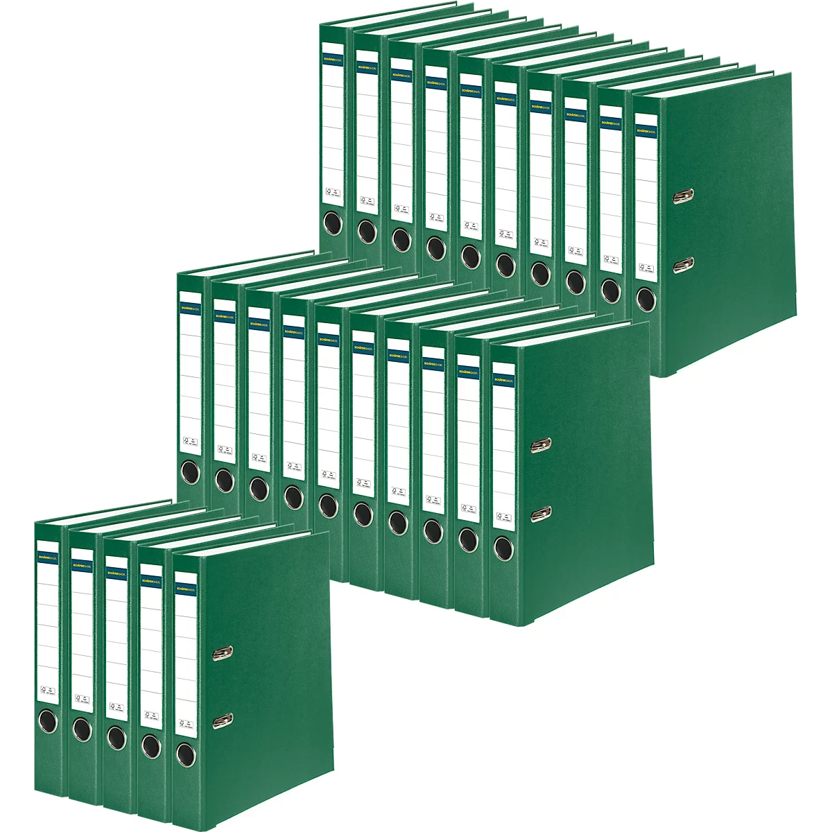 An arrangement of green folders stacked in several rows with white labels.