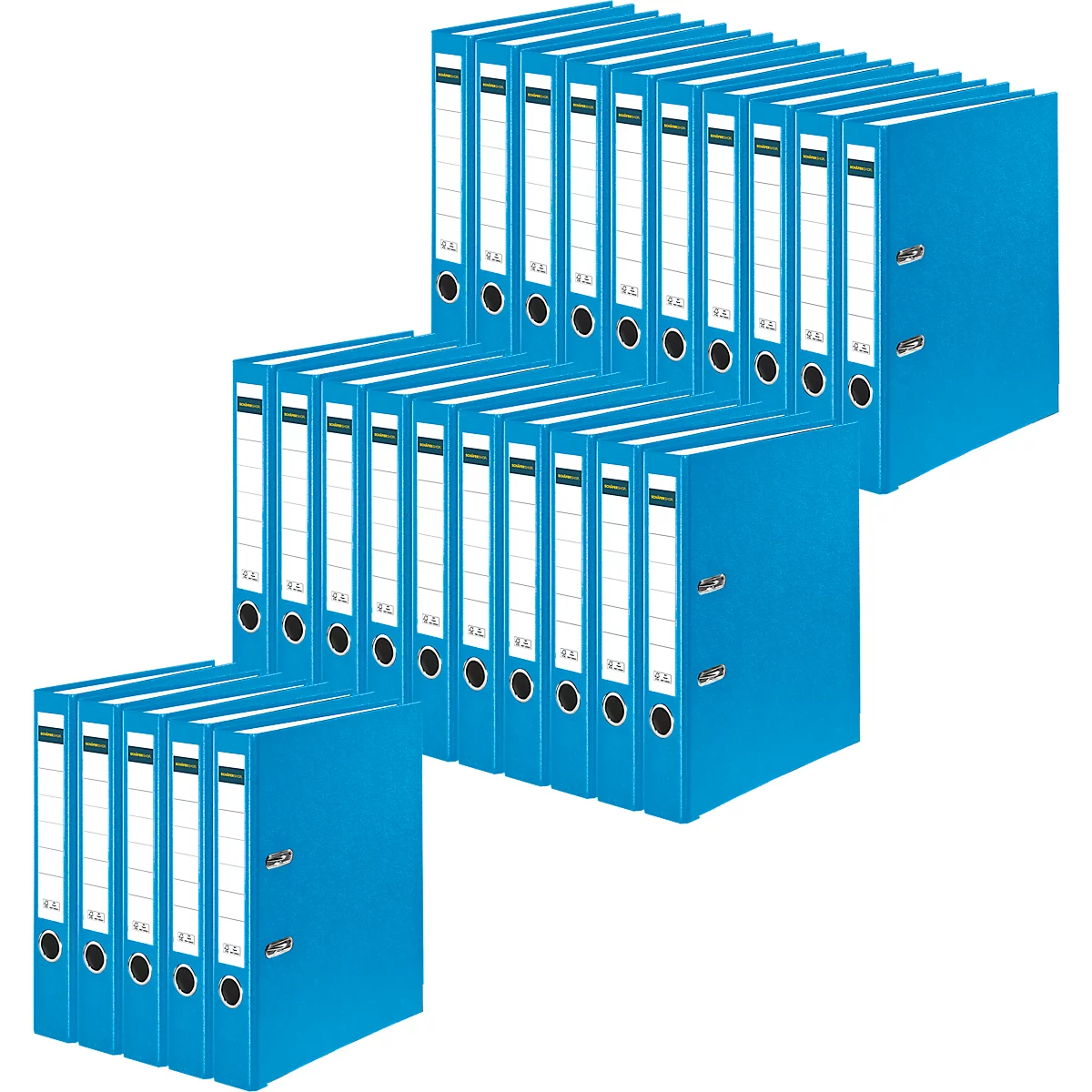 Blue binders arranged in different stacks. Each binder has a white label on it.