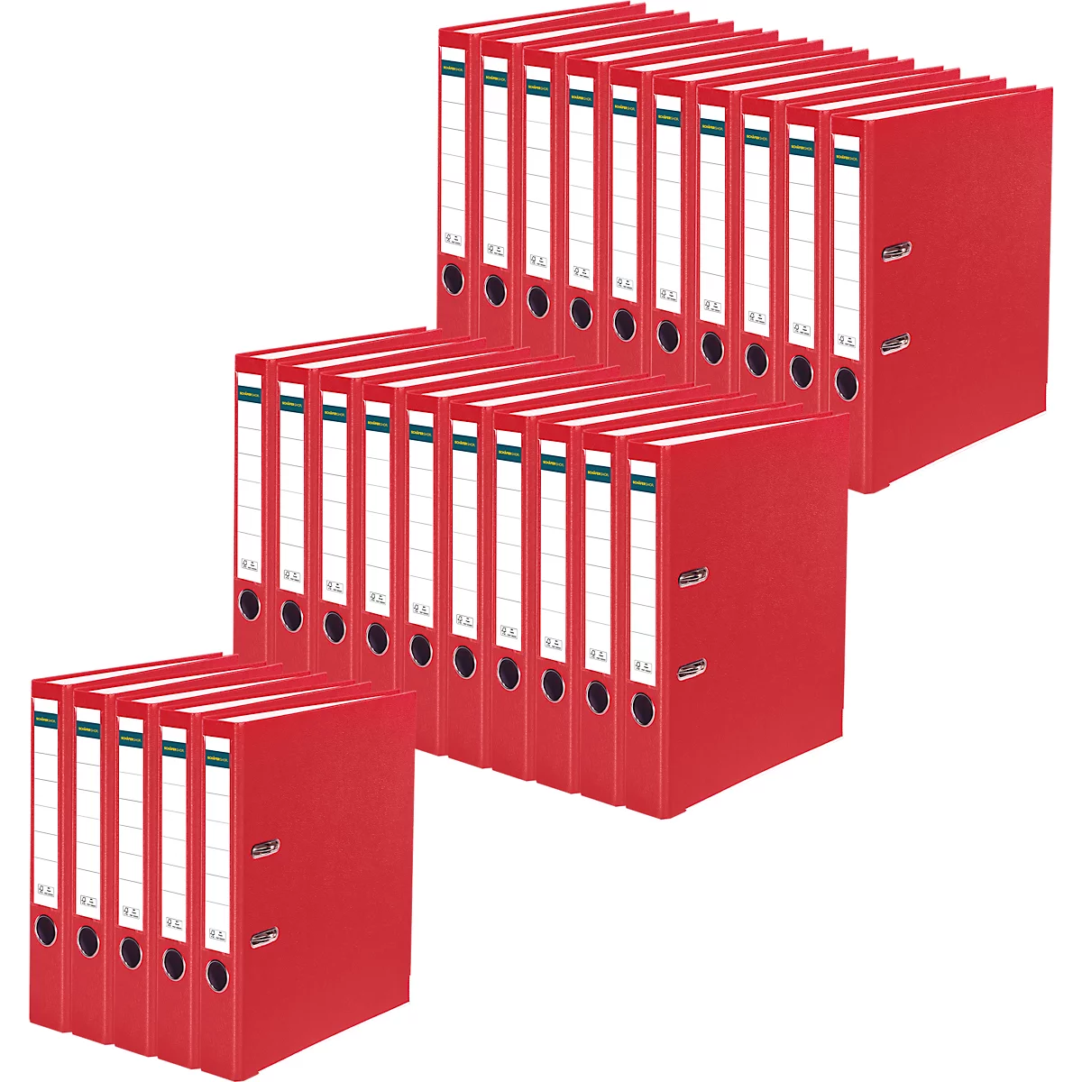 Several red lever arch files in stacks. Some have blank, writable labels.