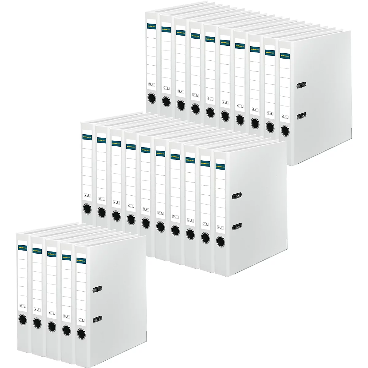 Several white binders with dark green stripes, stacked.