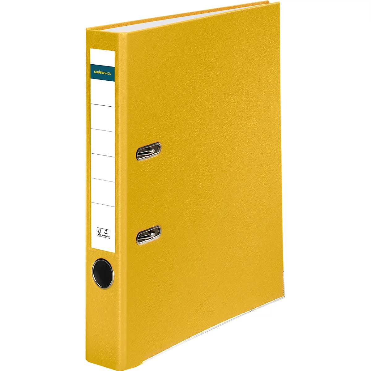 Yellow file folder with white spine label, black hole on the left, silver metal clasps.