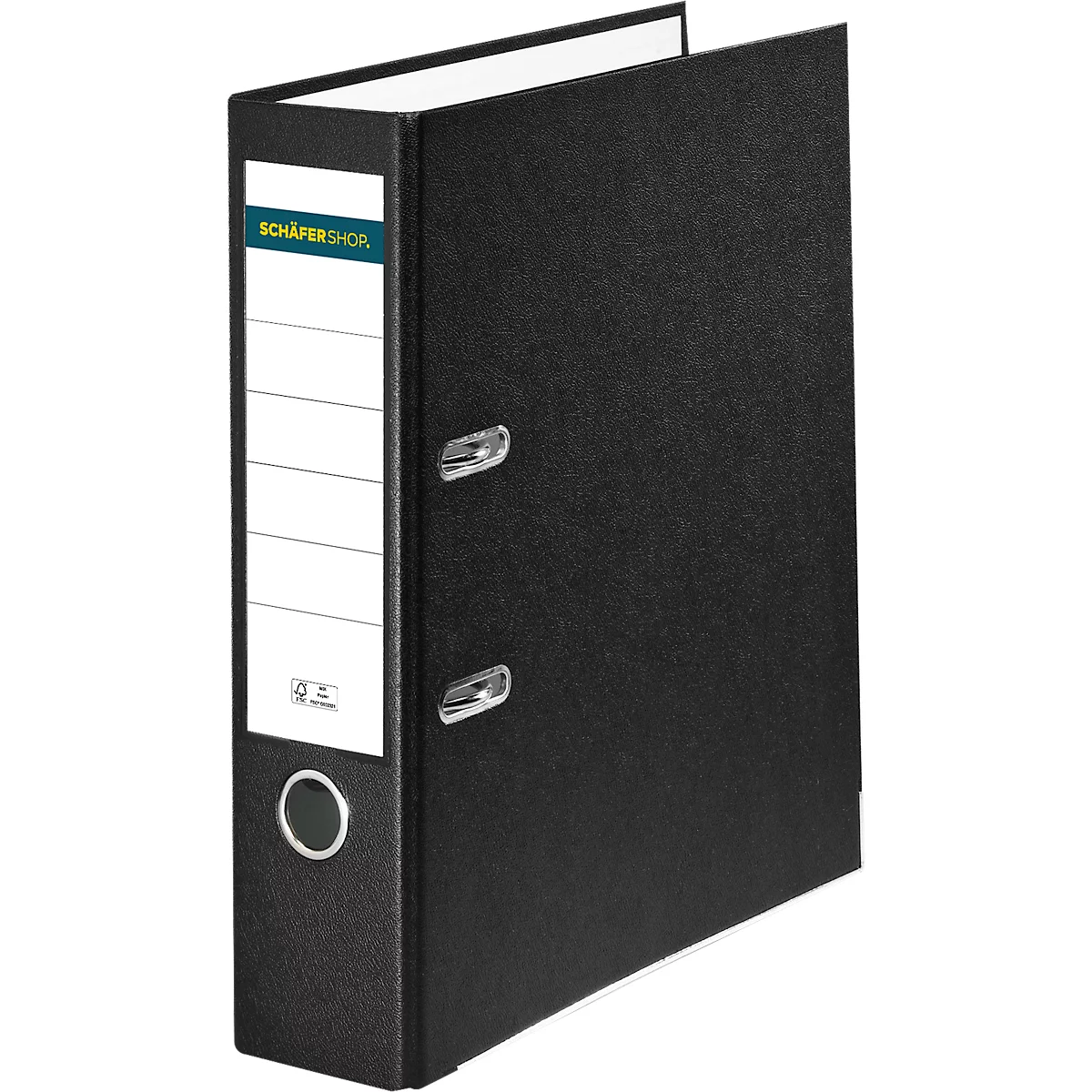 Black binder with white labeling field. On the left side 'SCHÄPERKÖL' is written, below empty fields. A metallic mechanism.