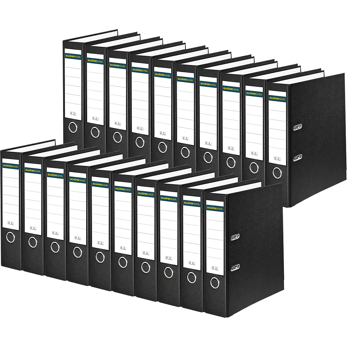 A collection of black file folders standing next to each other. The folders have white label fields.