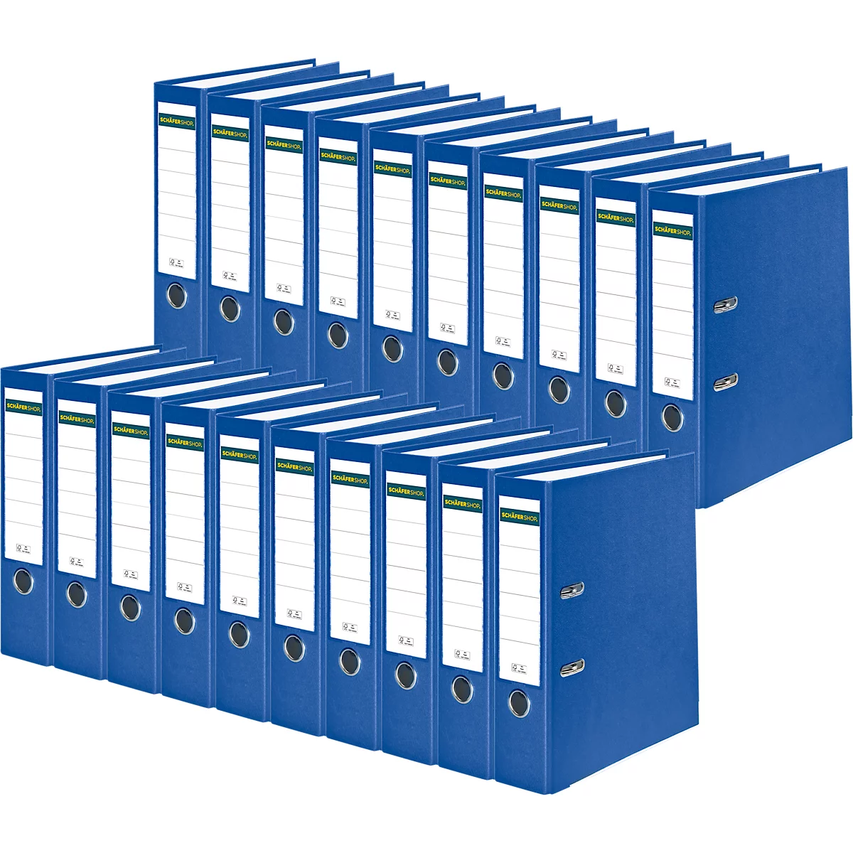 Blue binders, white label, arranged in a stack.