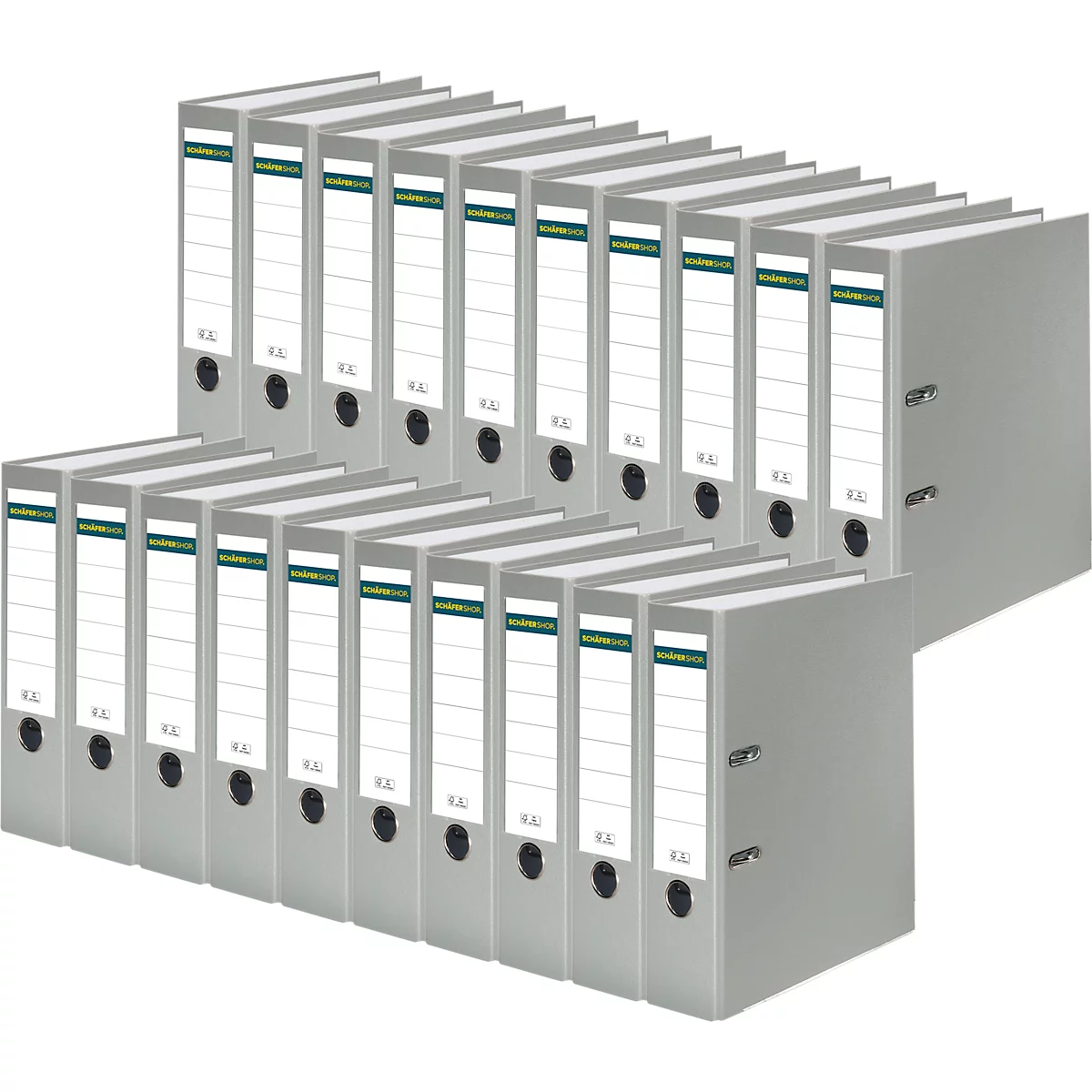 Grey binders, stacked, with white labeling fields and green accents.