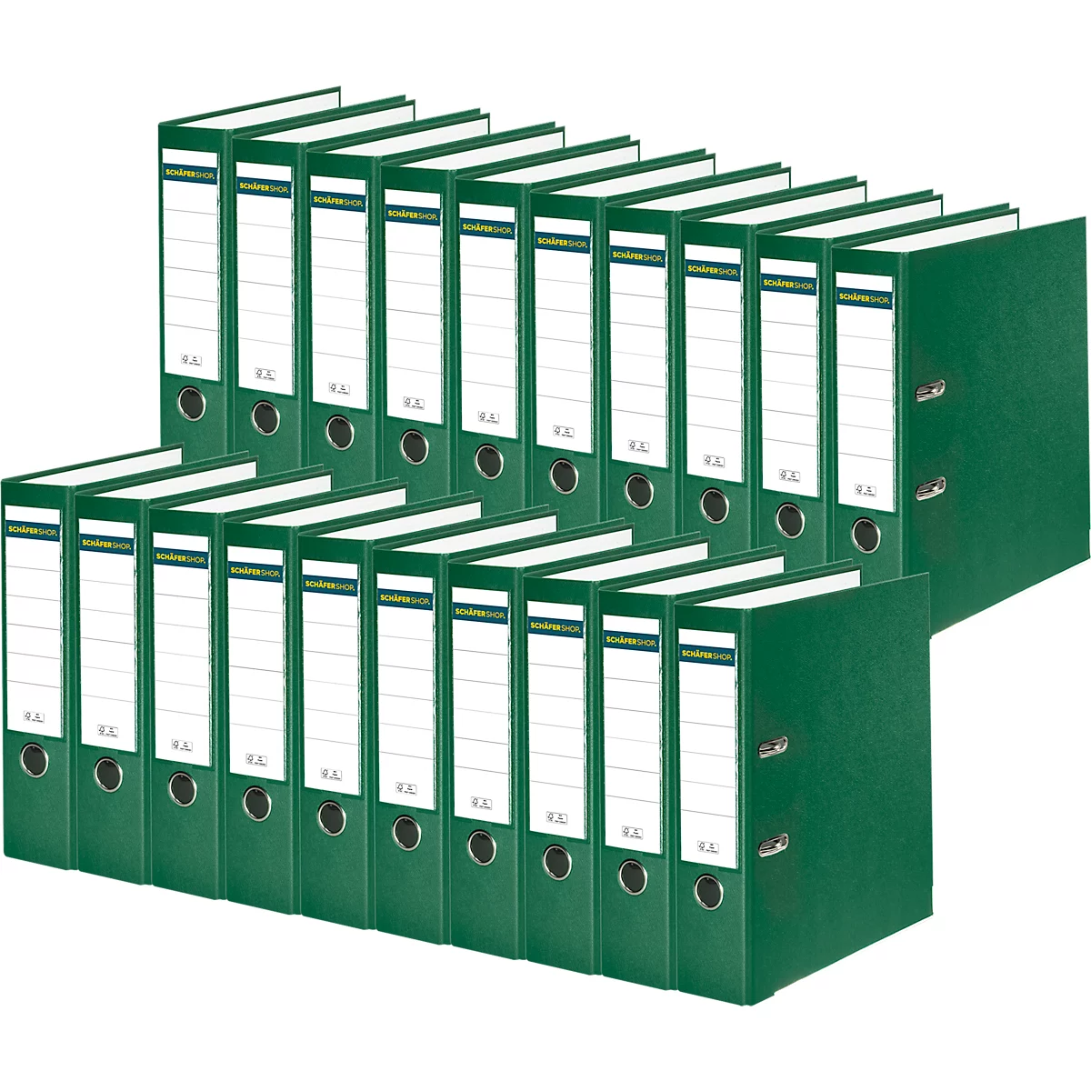 Green ring binders, arranged in rows, with white labels.