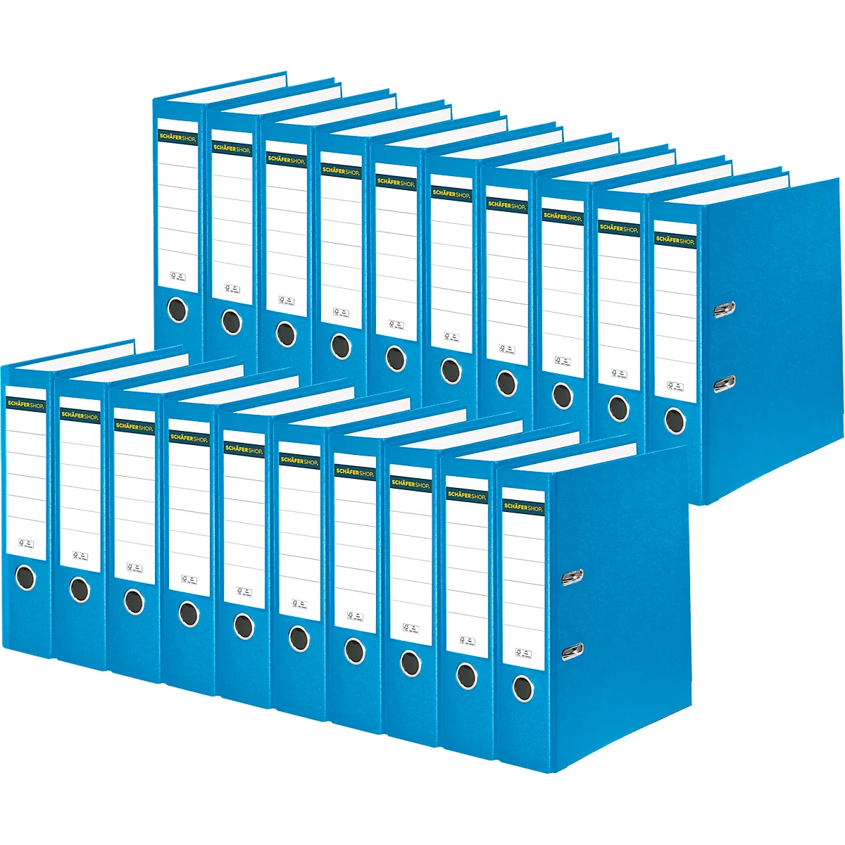 Light blue file folders, lined up, with white labels and black rings. Some are stacked on others.