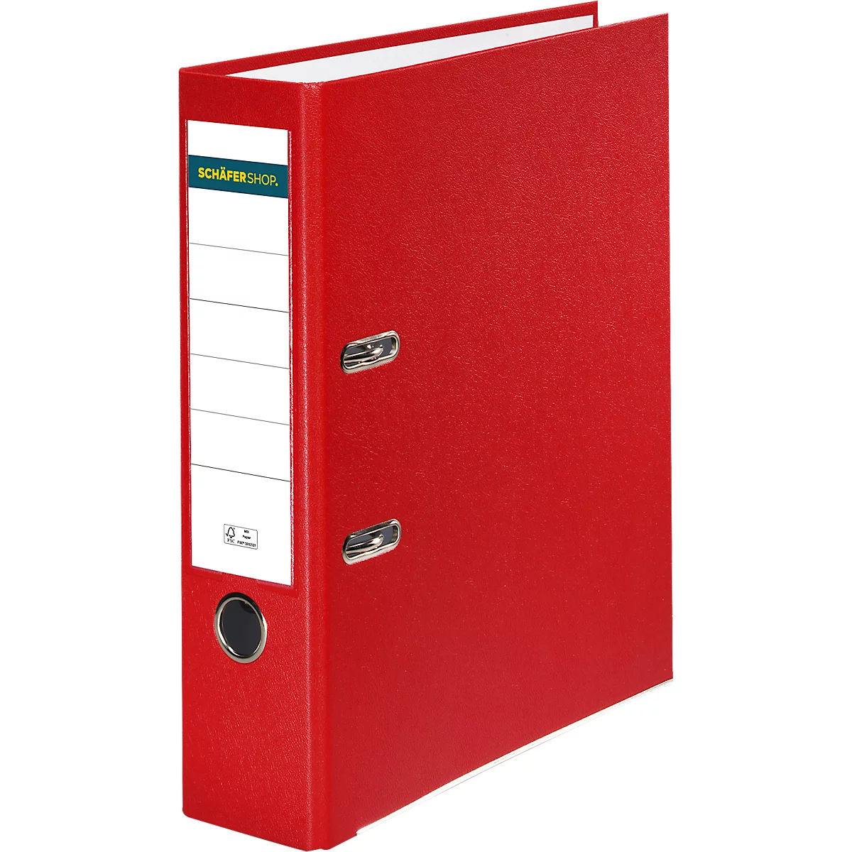 Red file folder with white spine label. The label says "SCHÄFERSHOP".