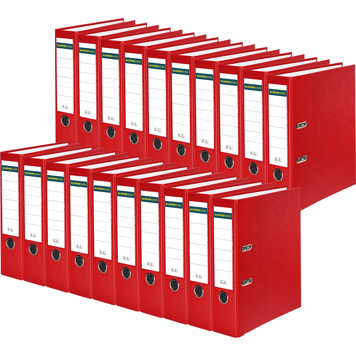 Red file folders, stacked in two rows, with white labels and metal eyelets.