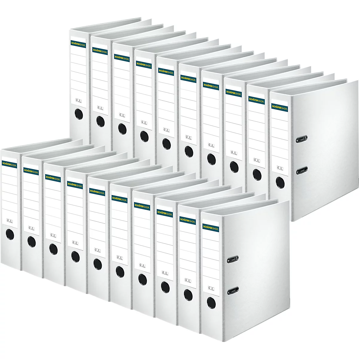 An arrangement of white binders standing in a row.