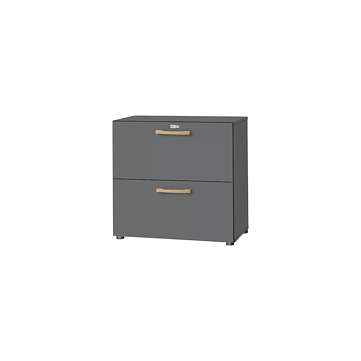 Grey cabinet with two drawers and wooden handles. Smaller handle on top. Standing on feet.