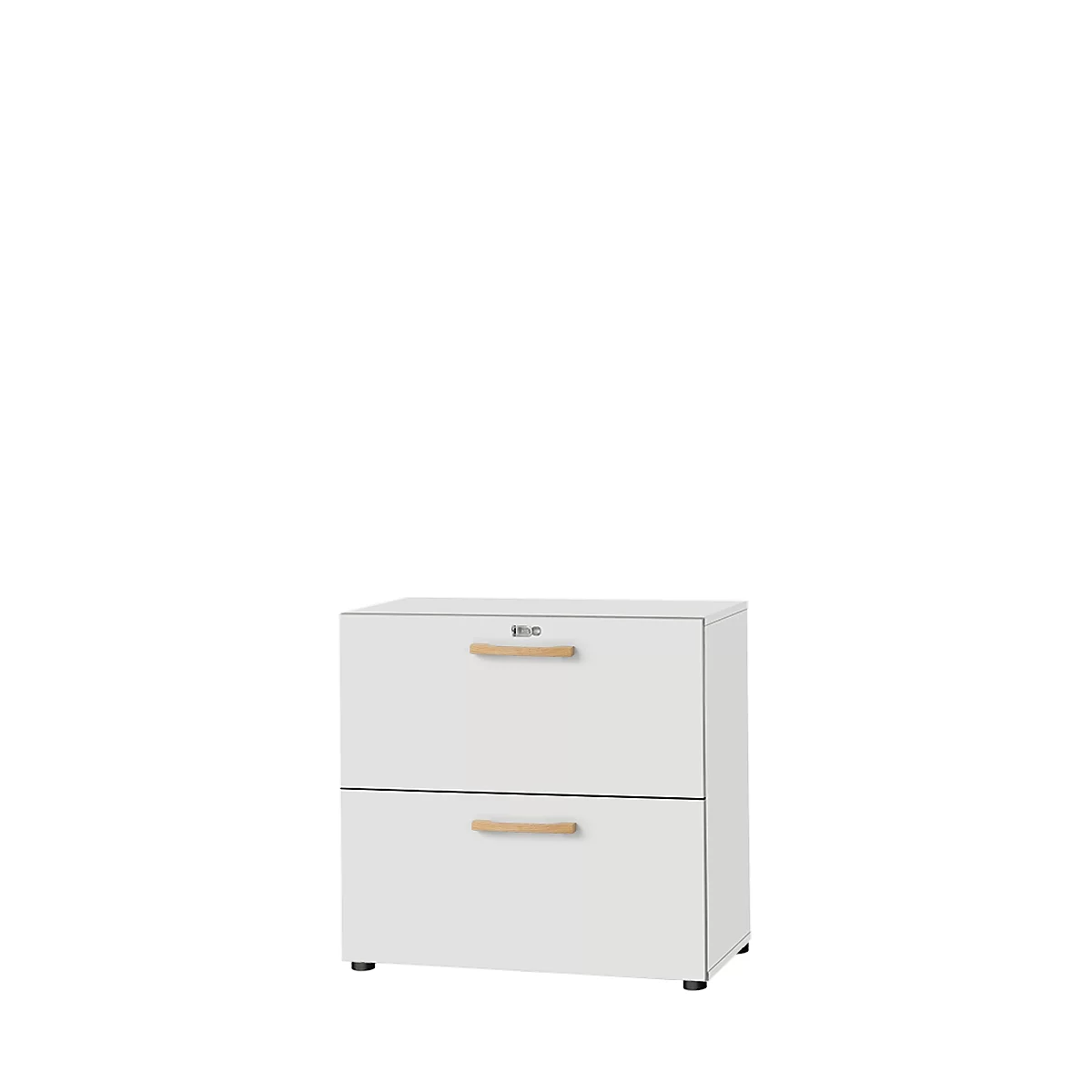 A white bedside table with two drawers and wooden handles. There is a handle on each drawer.