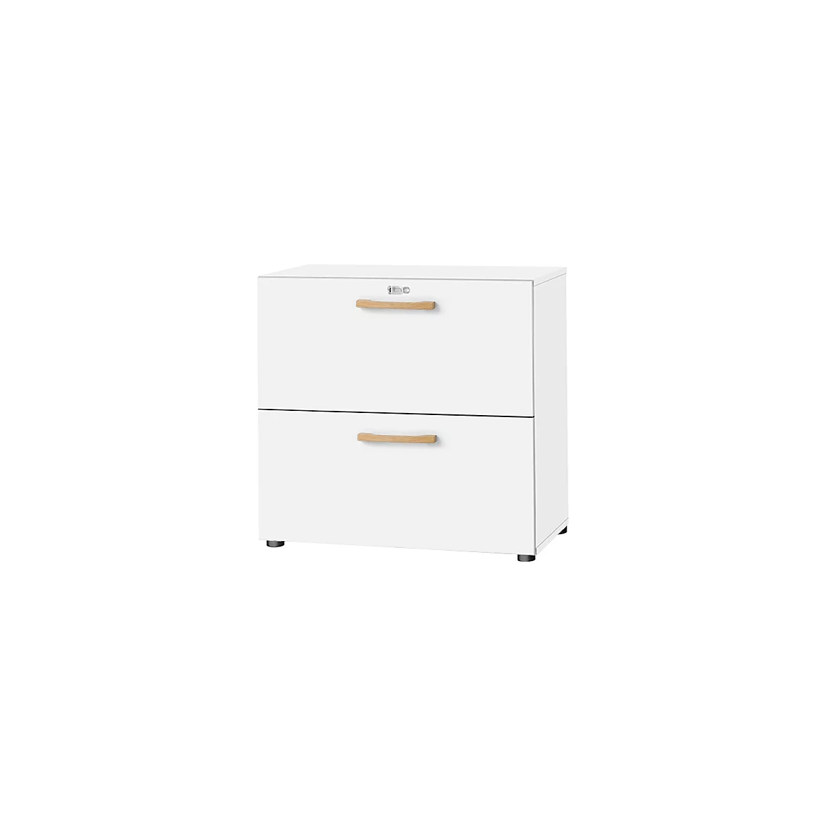 White filing cabinet with two drawers and wooden handles. There is a keyhole on the top drawer.