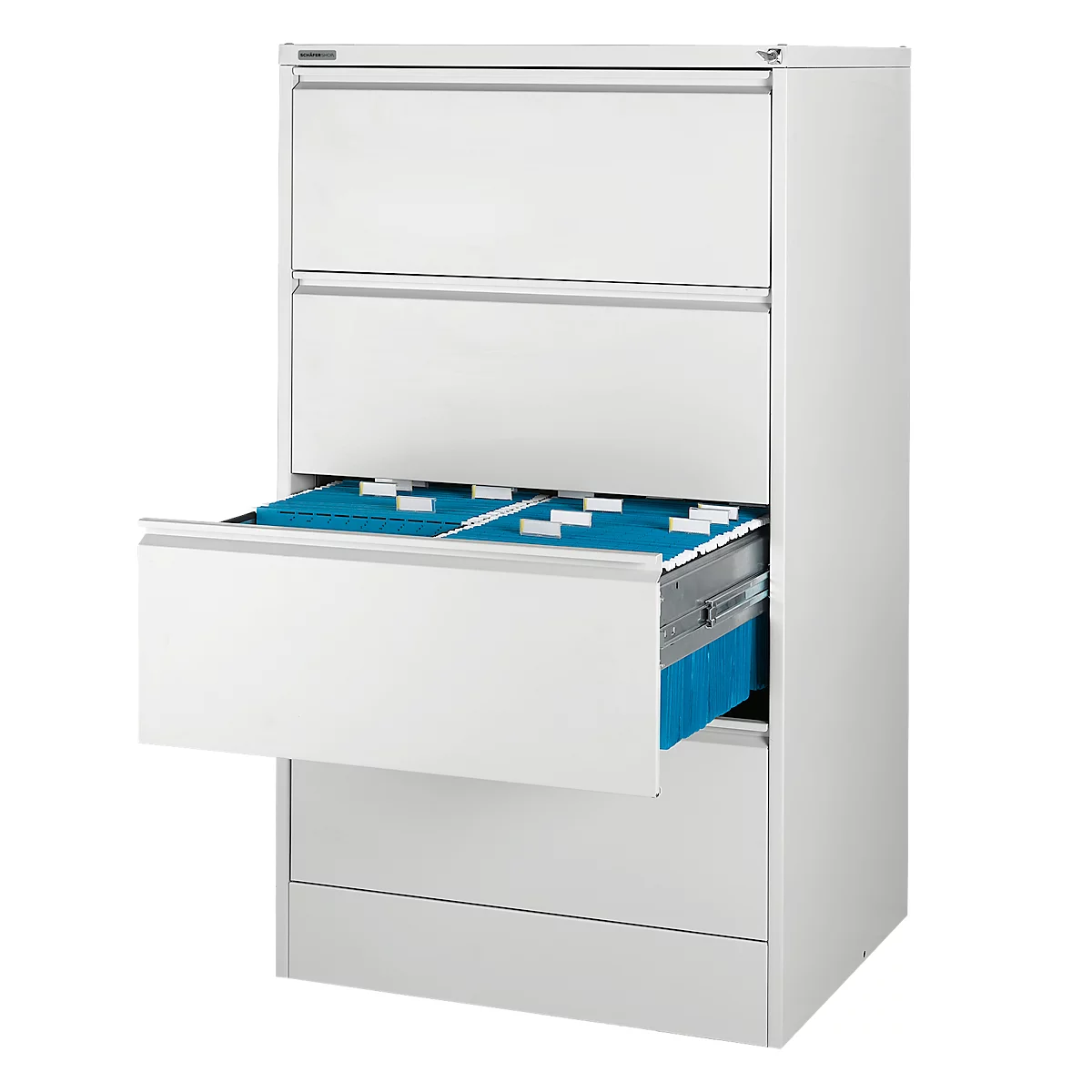 White filing cabinet with four drawers. One drawer is open, showing blue folders.