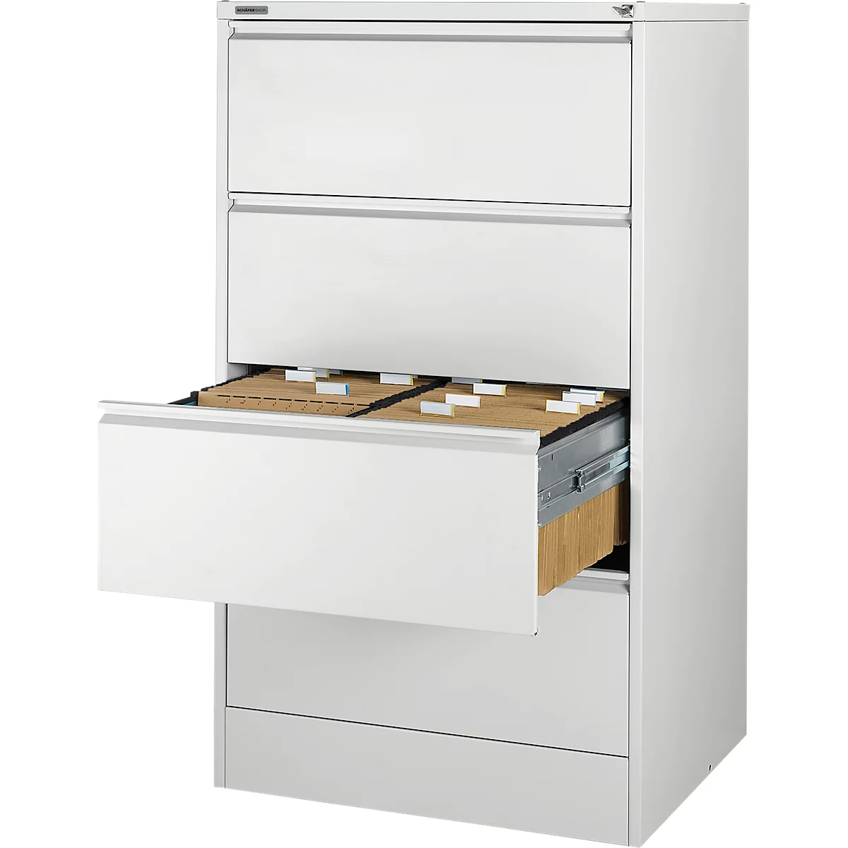 White filing cabinet, one drawer open. Brown folders, white tabs.