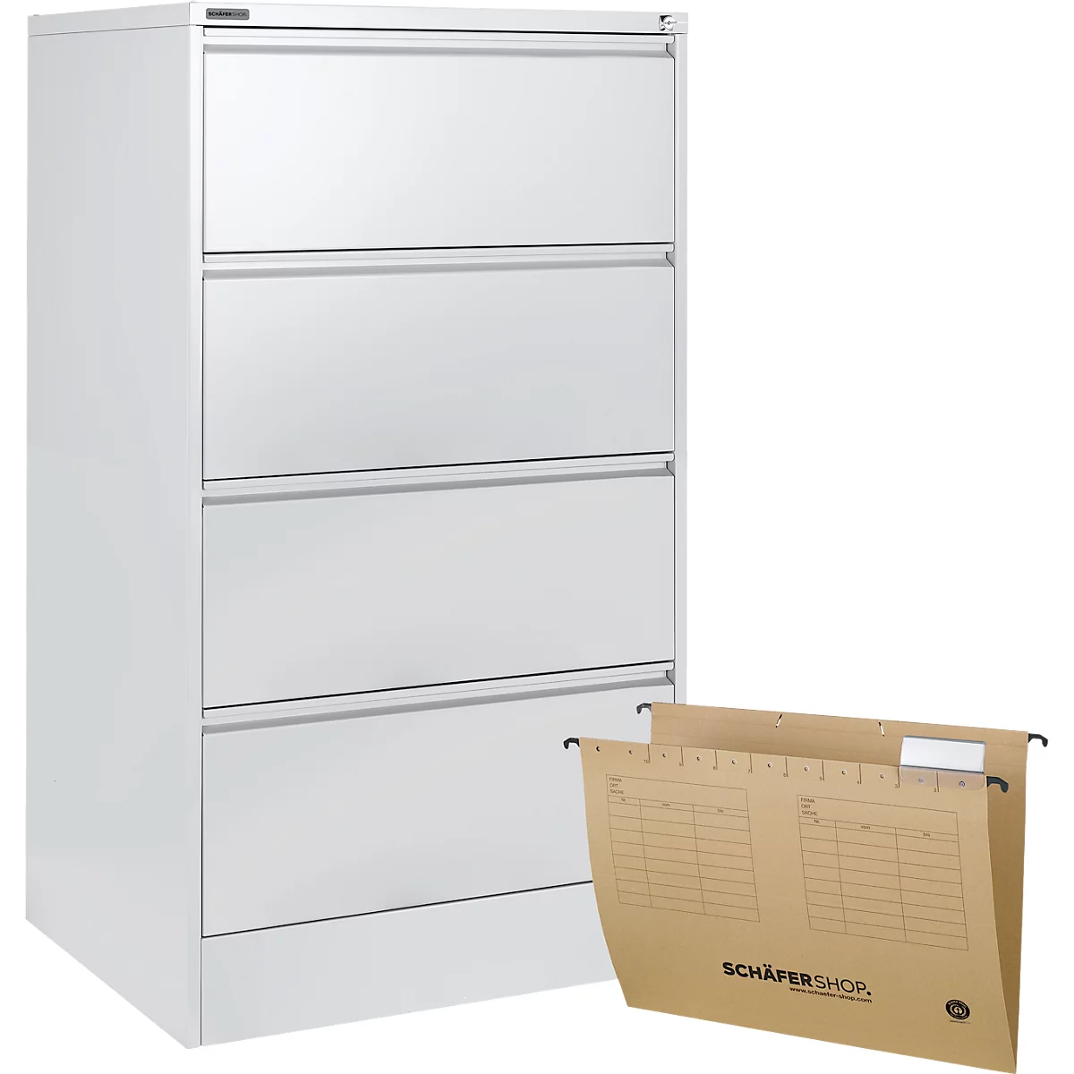 White 4-drawer filing cabinet, next to it a hanging file with imprint.