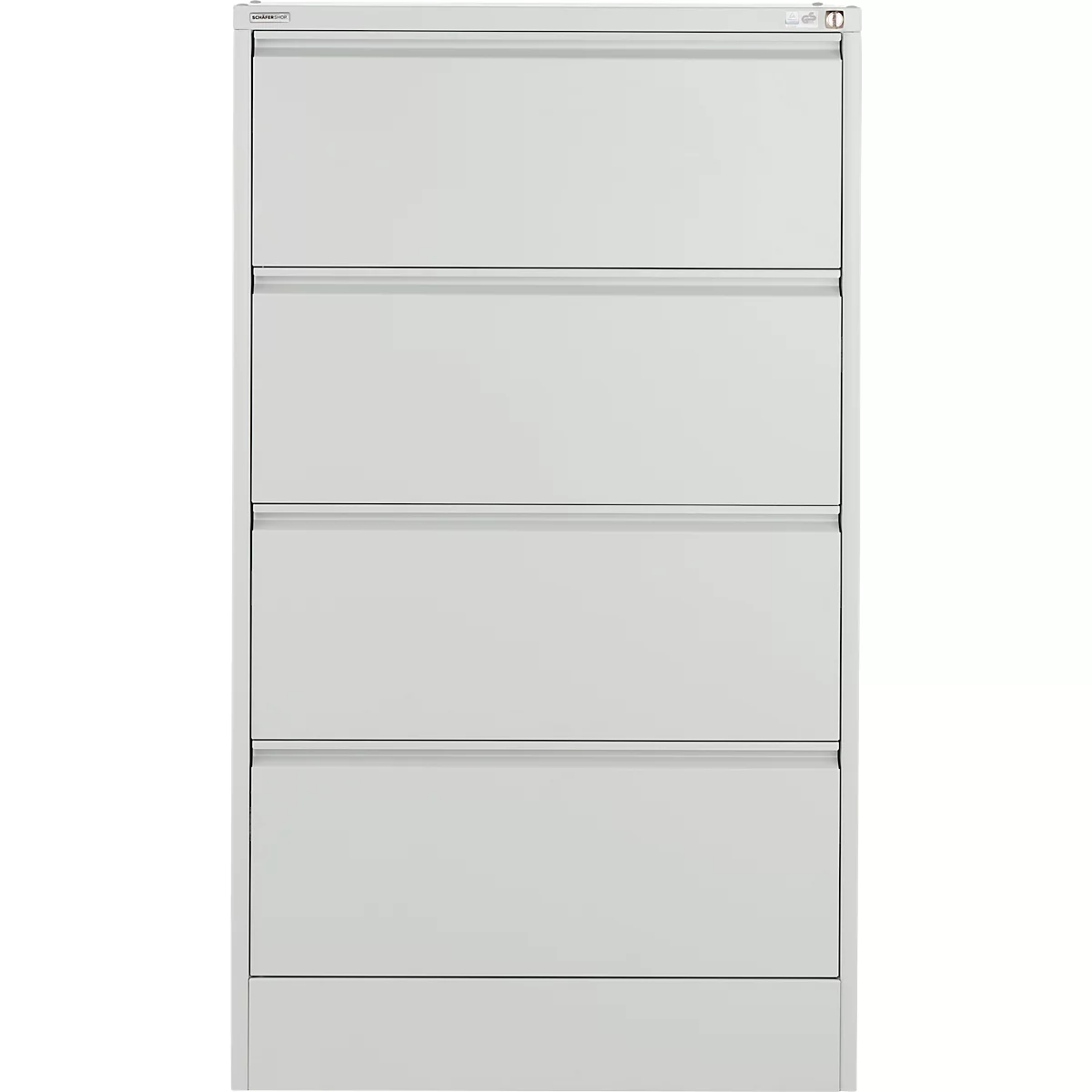 Grey filing cabinet with four drawers. Clean lines and a simple design.