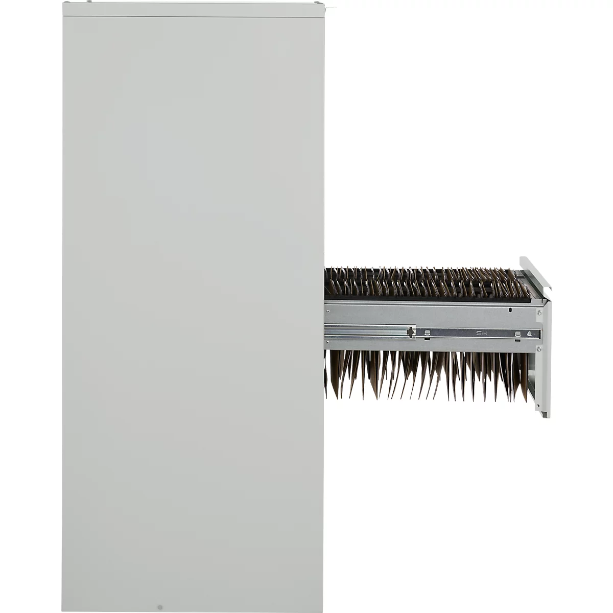 Open drawer of a grey cabinet with numerous felt-like elements.