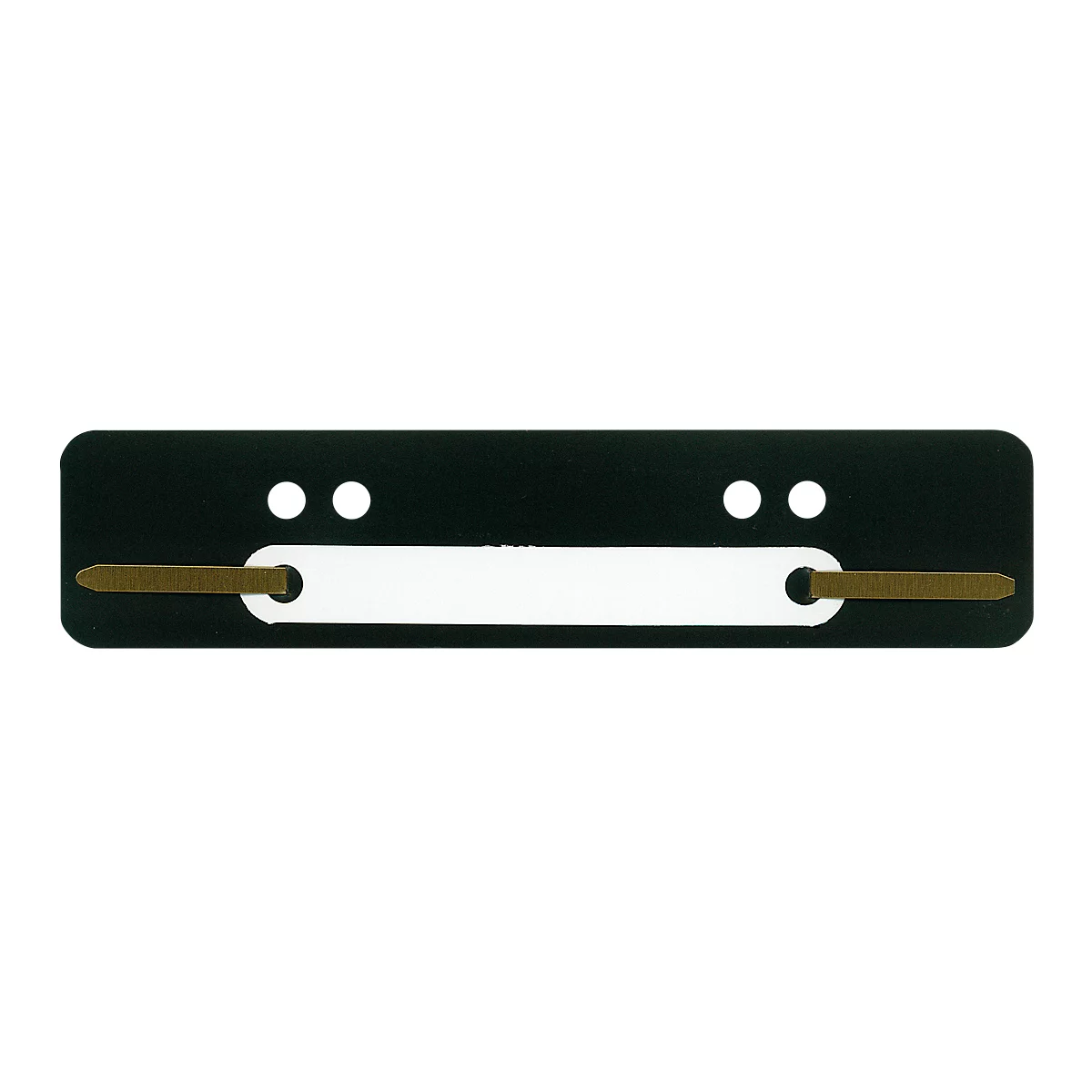 Black label with white inscription area, two pairs of holes and brown clips.