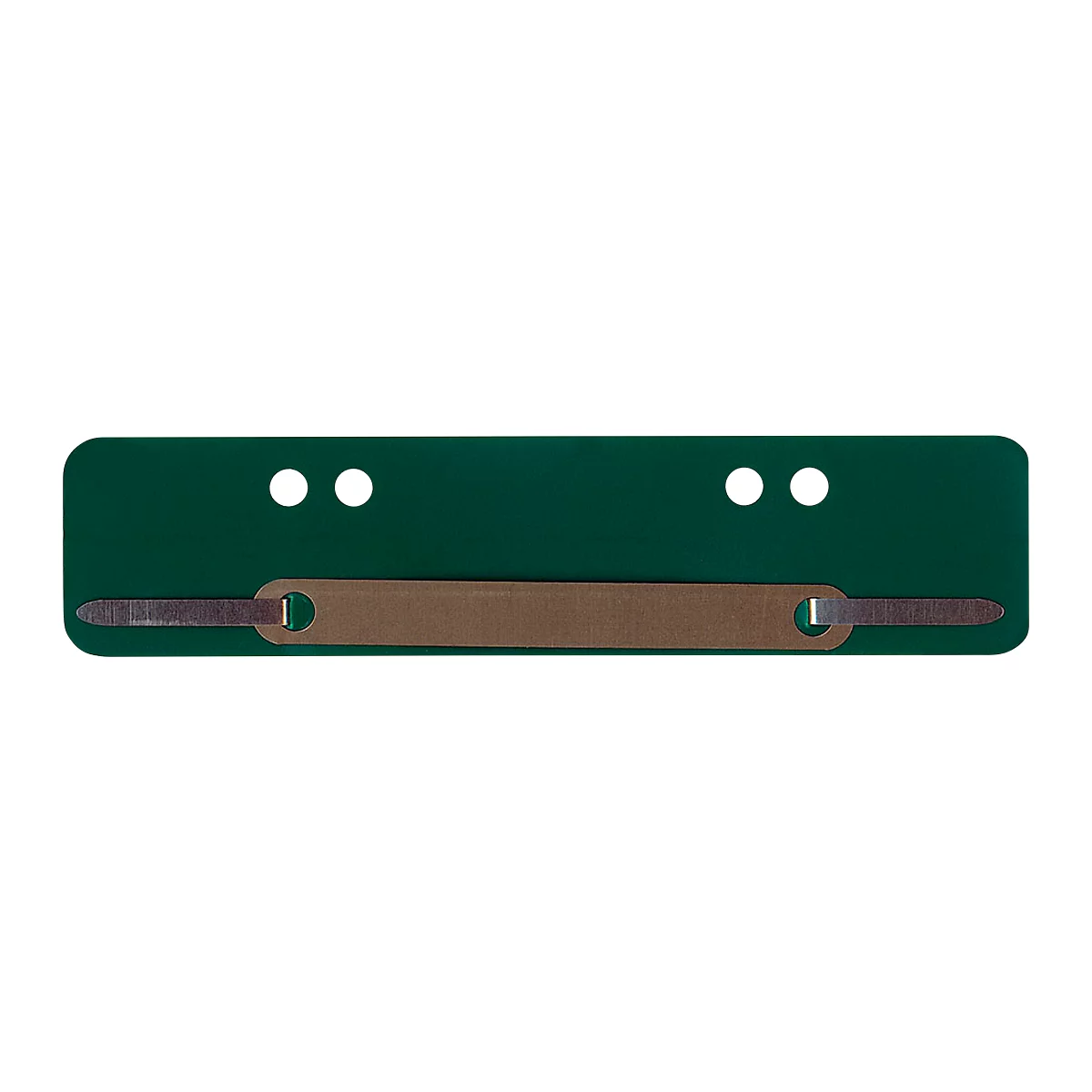 Green card with brown clasp and two white holes on each side.