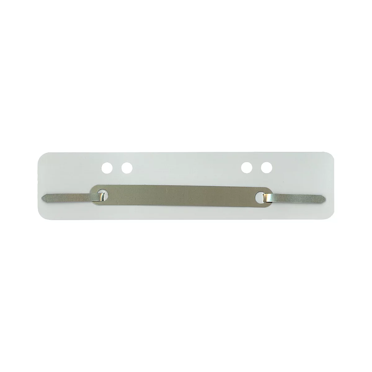 Flat, white plastic with two metal strips, three holes and two metal rivets.