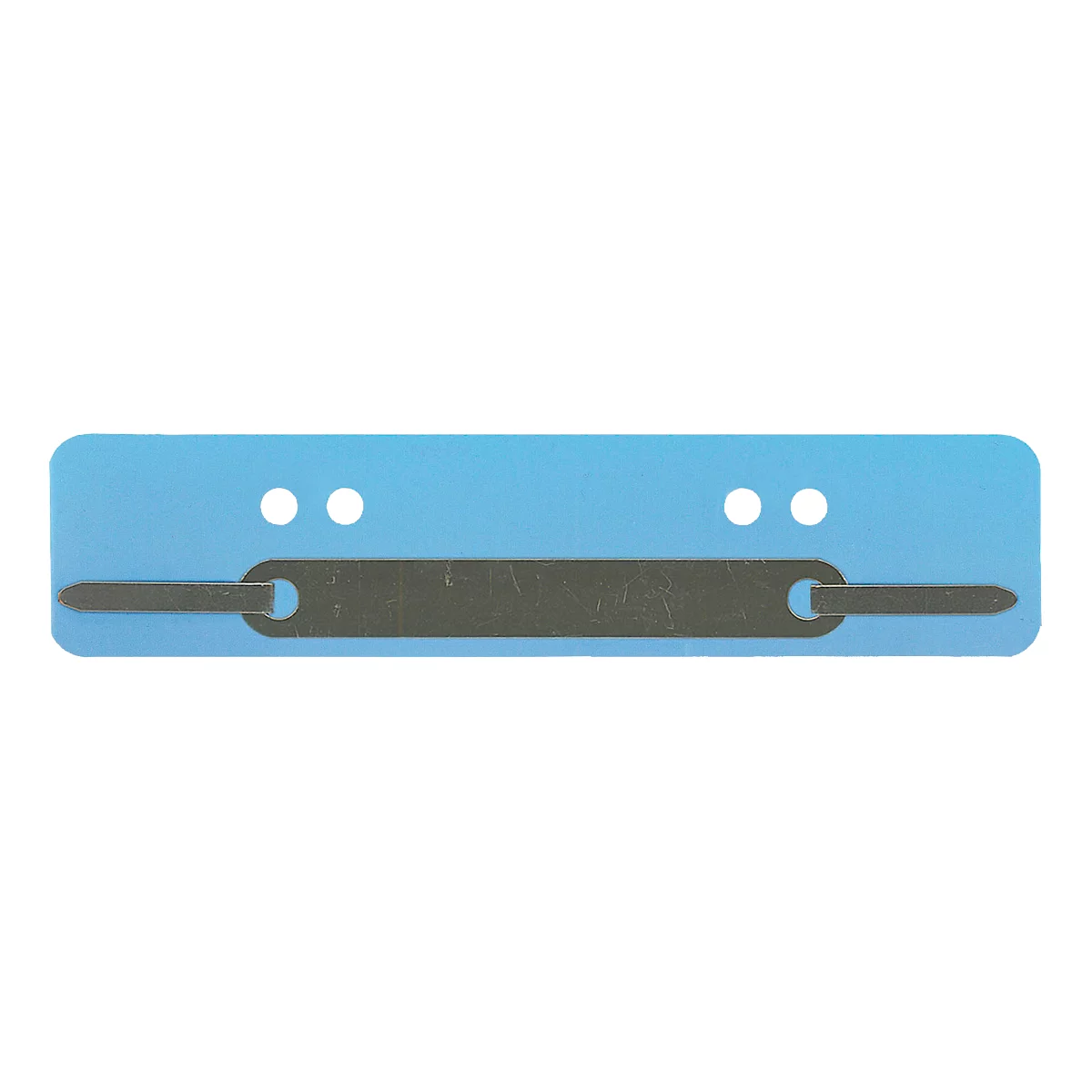 A metal clasp lies on a light blue background. There are two holes at the top, and two small, round holes on the left and right.