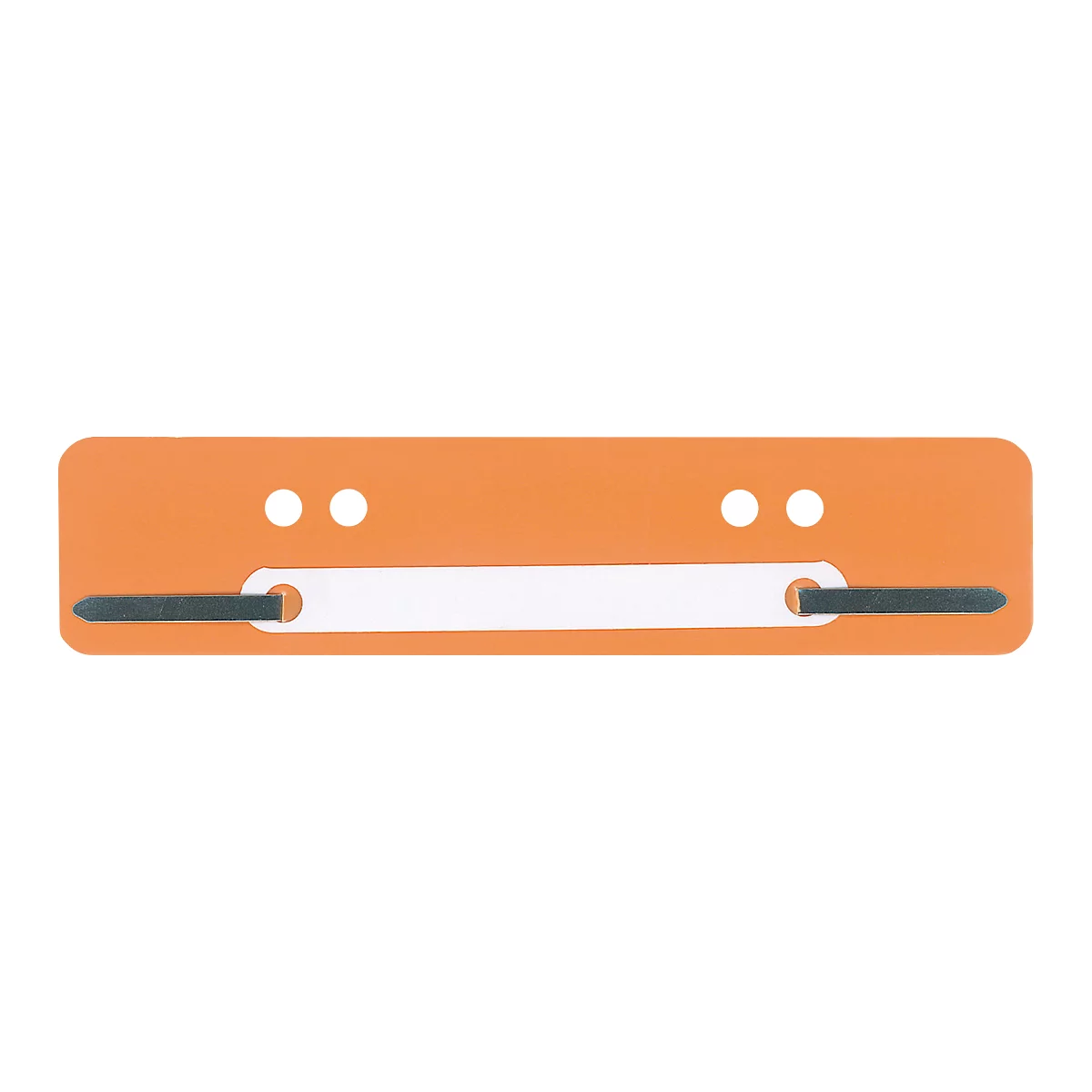 Orange index card with white circles and stripe with black pens.