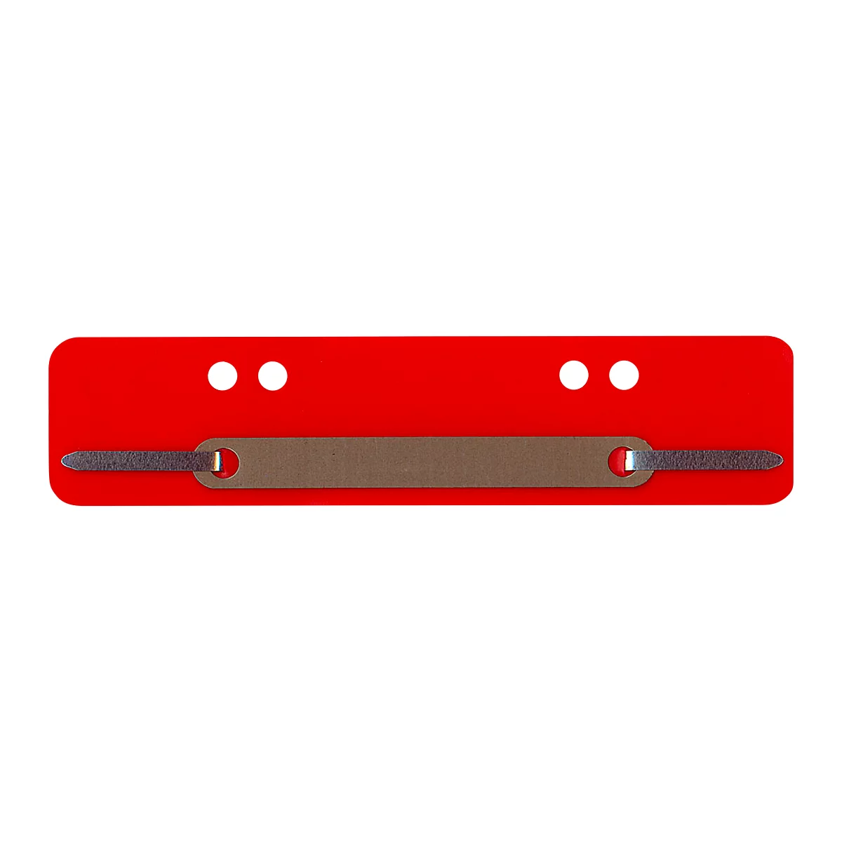 Red plastic part with a brown stripe and metallic ends. Two white holes at the top.
