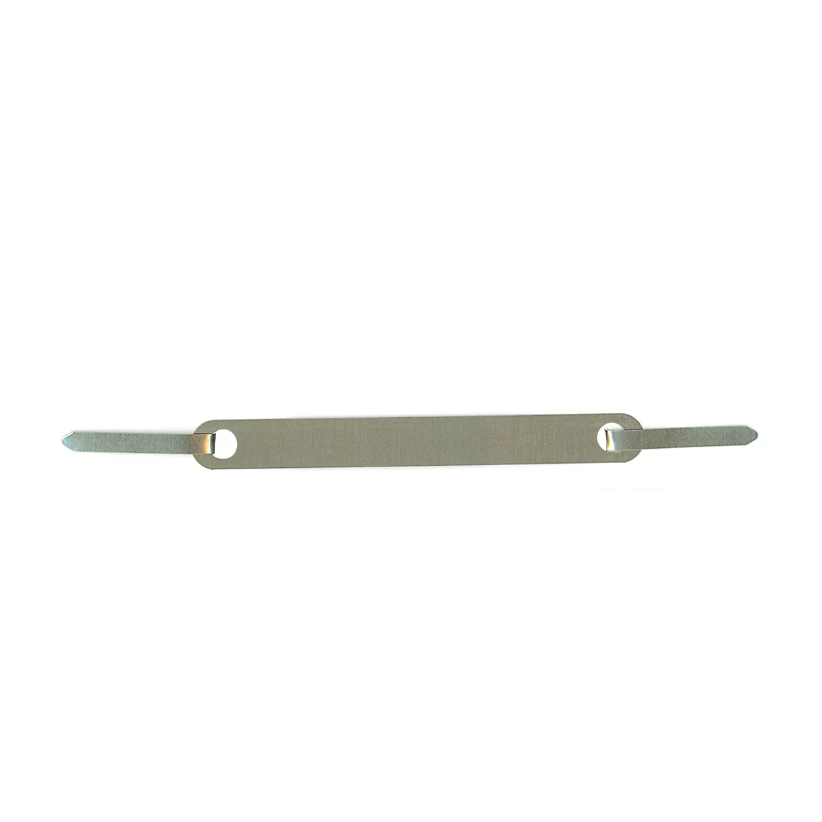 Metal binding strip against a white background. It has a pointed and round part with a hole at both ends.