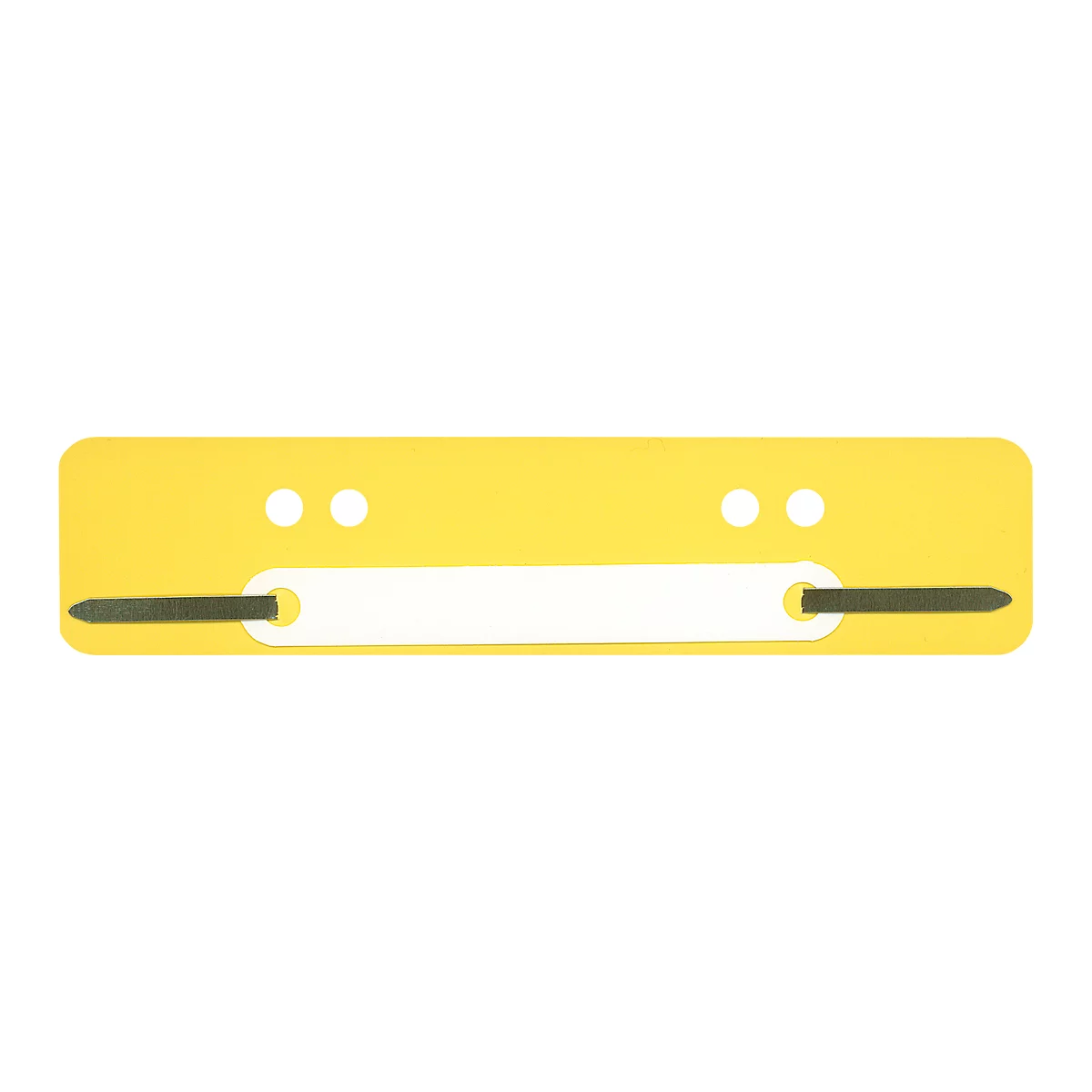 Yellow paper. Two white holes, a white rectangular recess. Black rods on both ends.