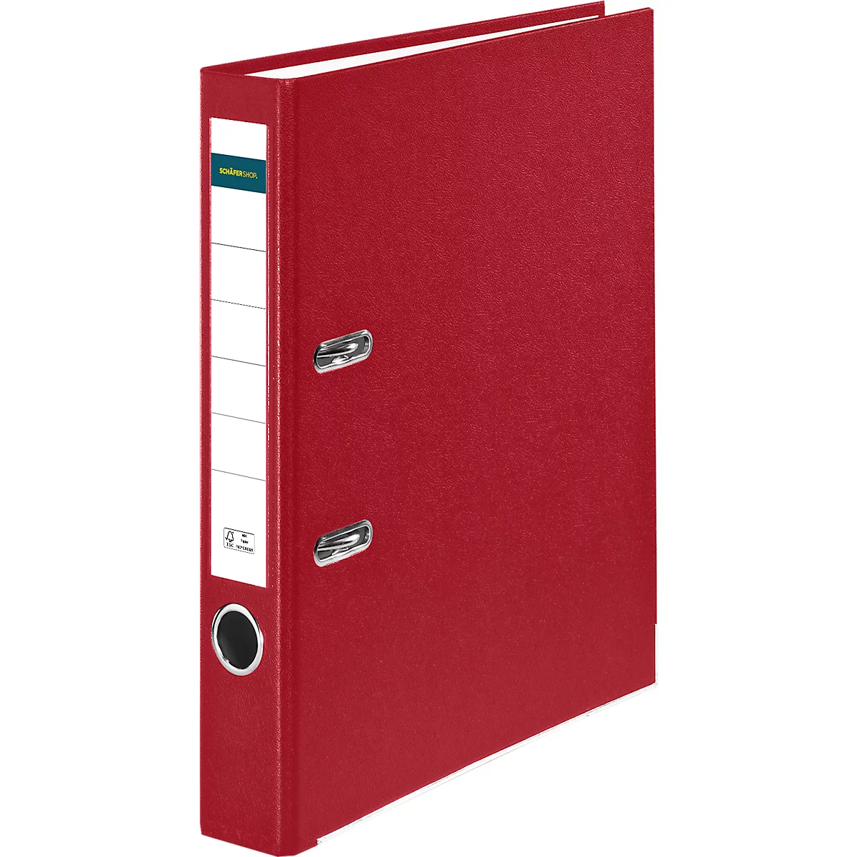 A red binder stands slightly inclined. It has a white spine with lettering, a metal lever and a hole.