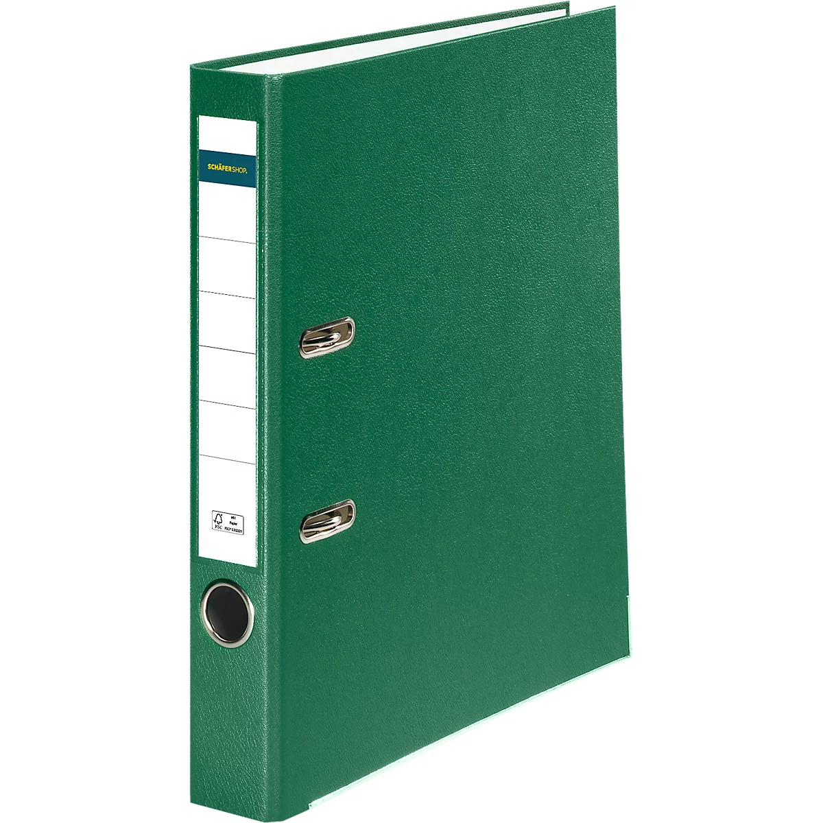 Green binder slightly open. A white label with a blue stripe and writing on the spine.
