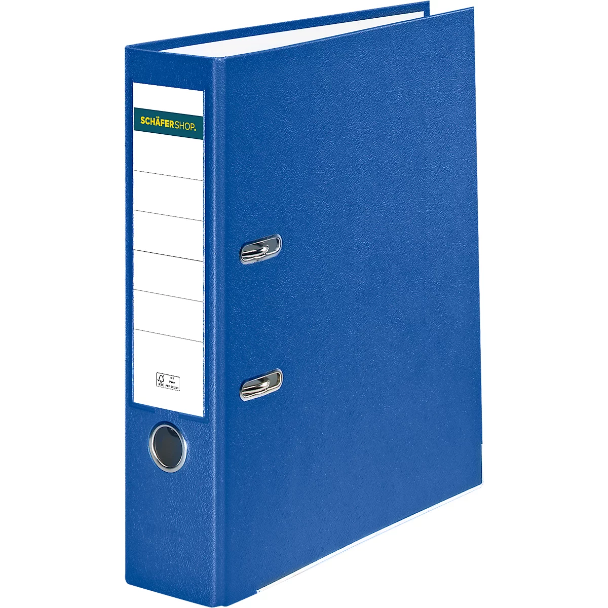 Blue binder with a white label and metal rings. The label shows the lettering "SCHÄFER & SCHOR". The binder is slightly oblique.