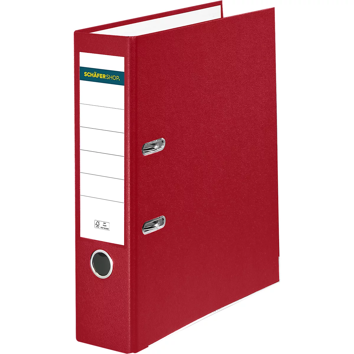Red binder with white label field and lettering. The binder is slightly open.