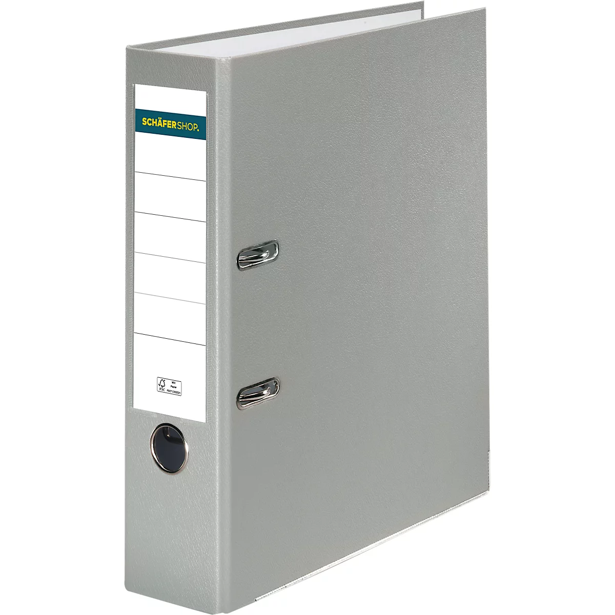 Grey file folder with a labeled spine, slightly open.
