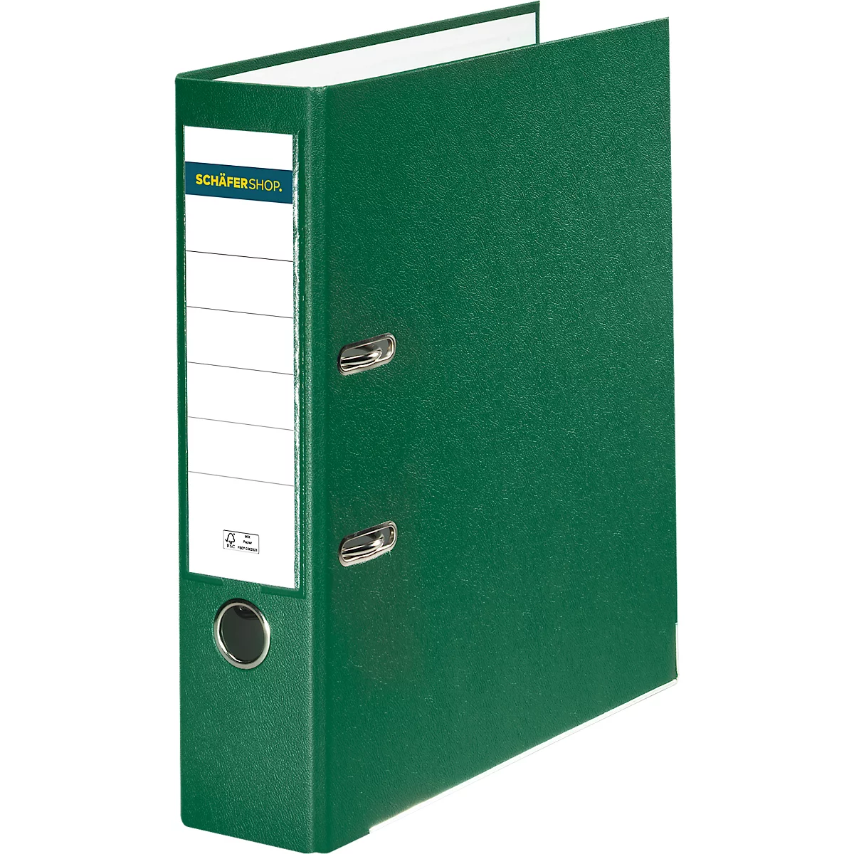 Green binder with white label for lettering. Text: SCHÄFER SHOP. Metal lever mechanism.