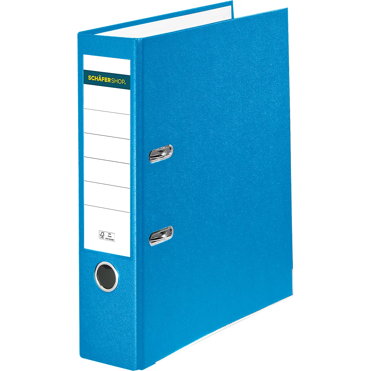 Blue binder with white label and text. The binder is open.