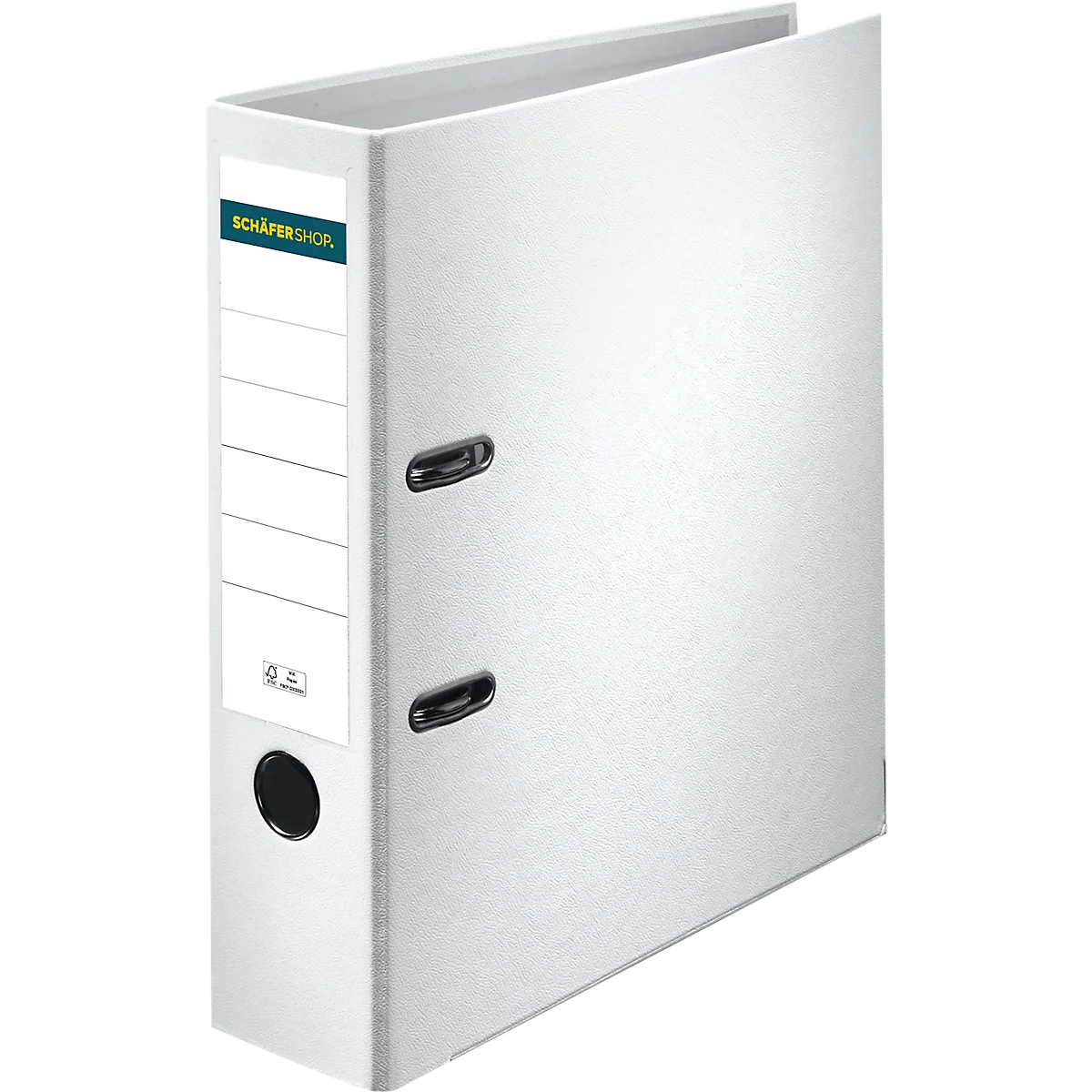 White binder with black handle and label.