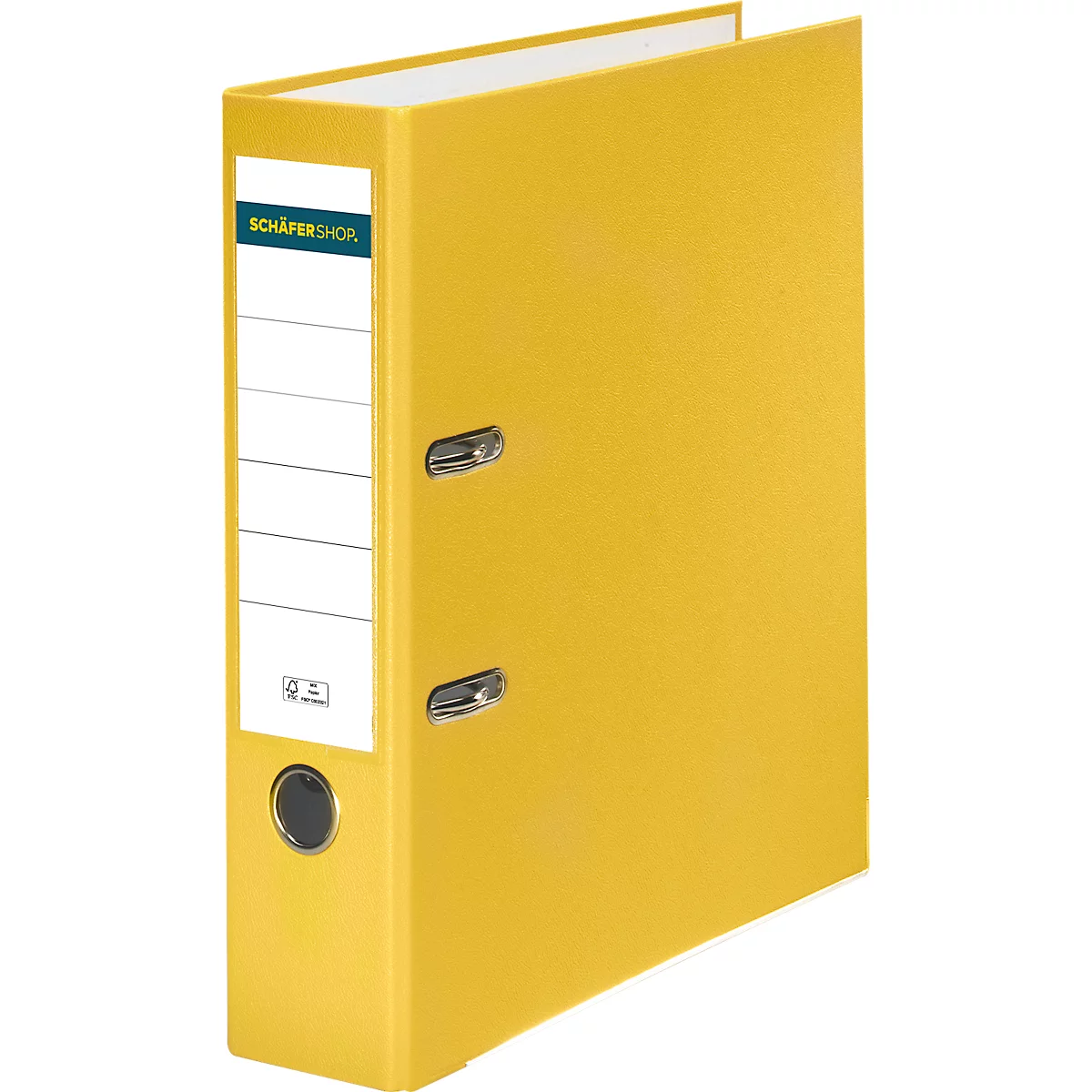 Yellow file folder with label field, metal brackets and round hole.