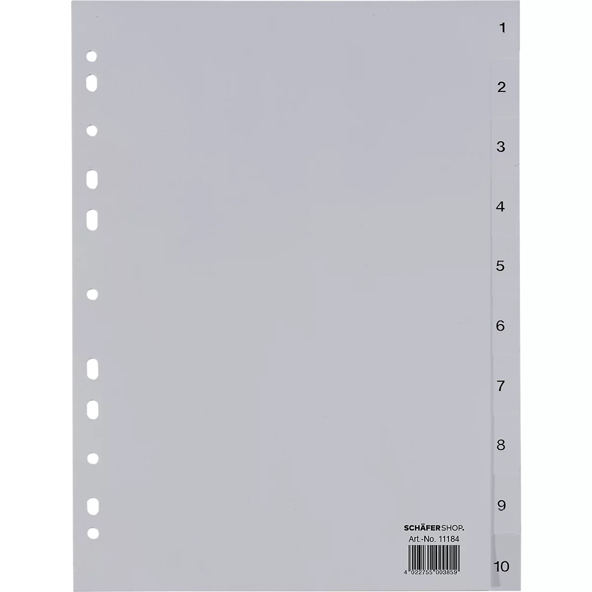 Gray index card with holes, numbers from 1 to 10 on the right side. 'SCHÄFER SHOR' at the bottom right.