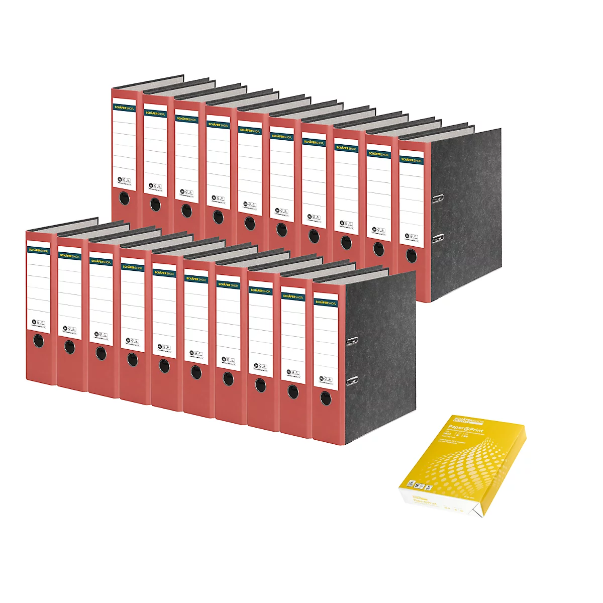 Red file folders with white labels are neatly arranged. Next to them is a stack of yellow paper.