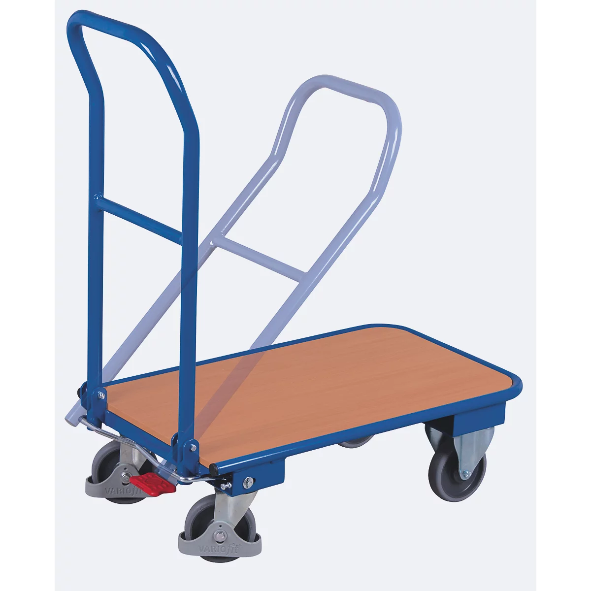 Blue hand truck with wooden plate and grey frame, partially unfolded.