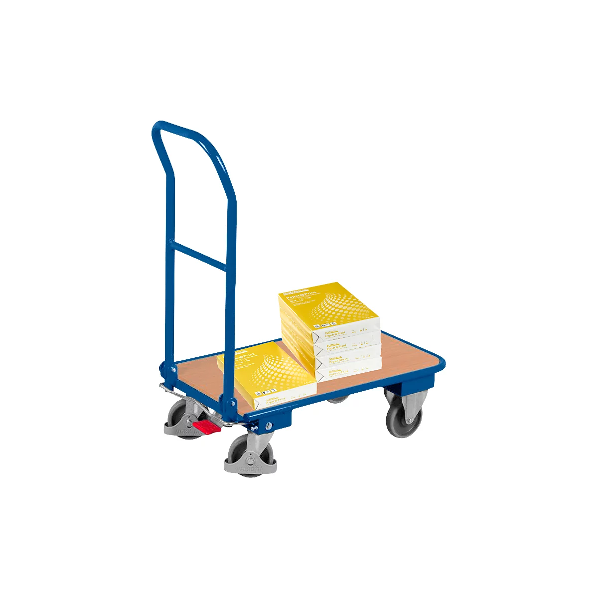 Blue transport cart with stacks of paper. Cart with wooden top and wheels. Paper with a yellow surface is on the top.
