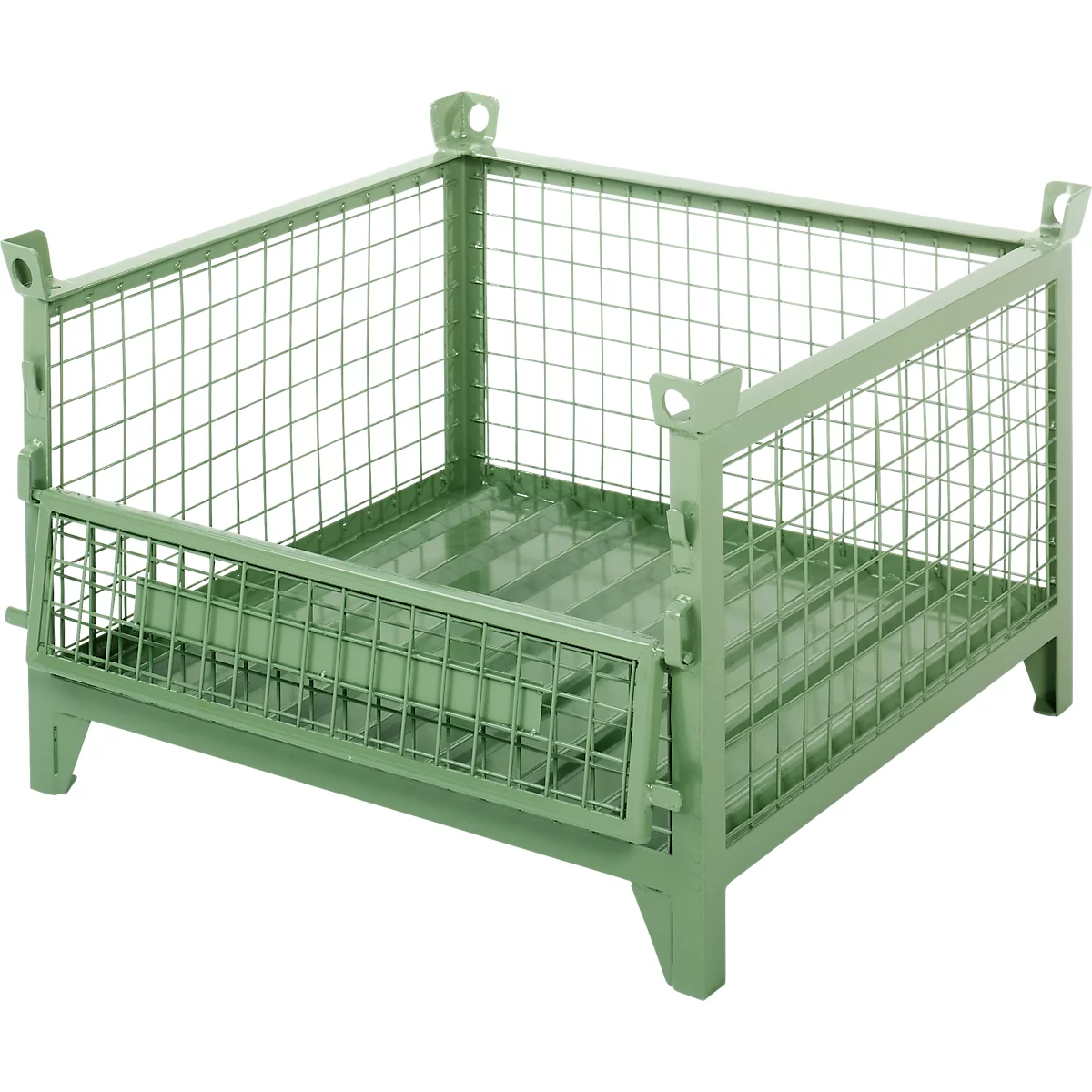 Groene, vierkante metalen gaasmand, met poten en handvatten. Gedetailleerd aanzicht van het gaas.