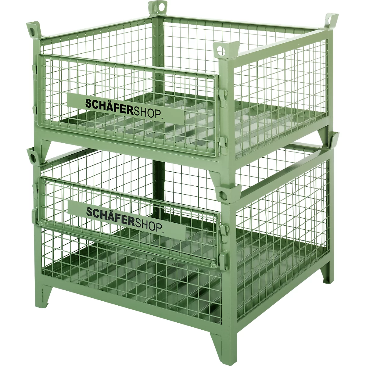 Twee groene gestapelde gaasboxen. Op elk staat het woord 'SCHÄFERSHOP.'