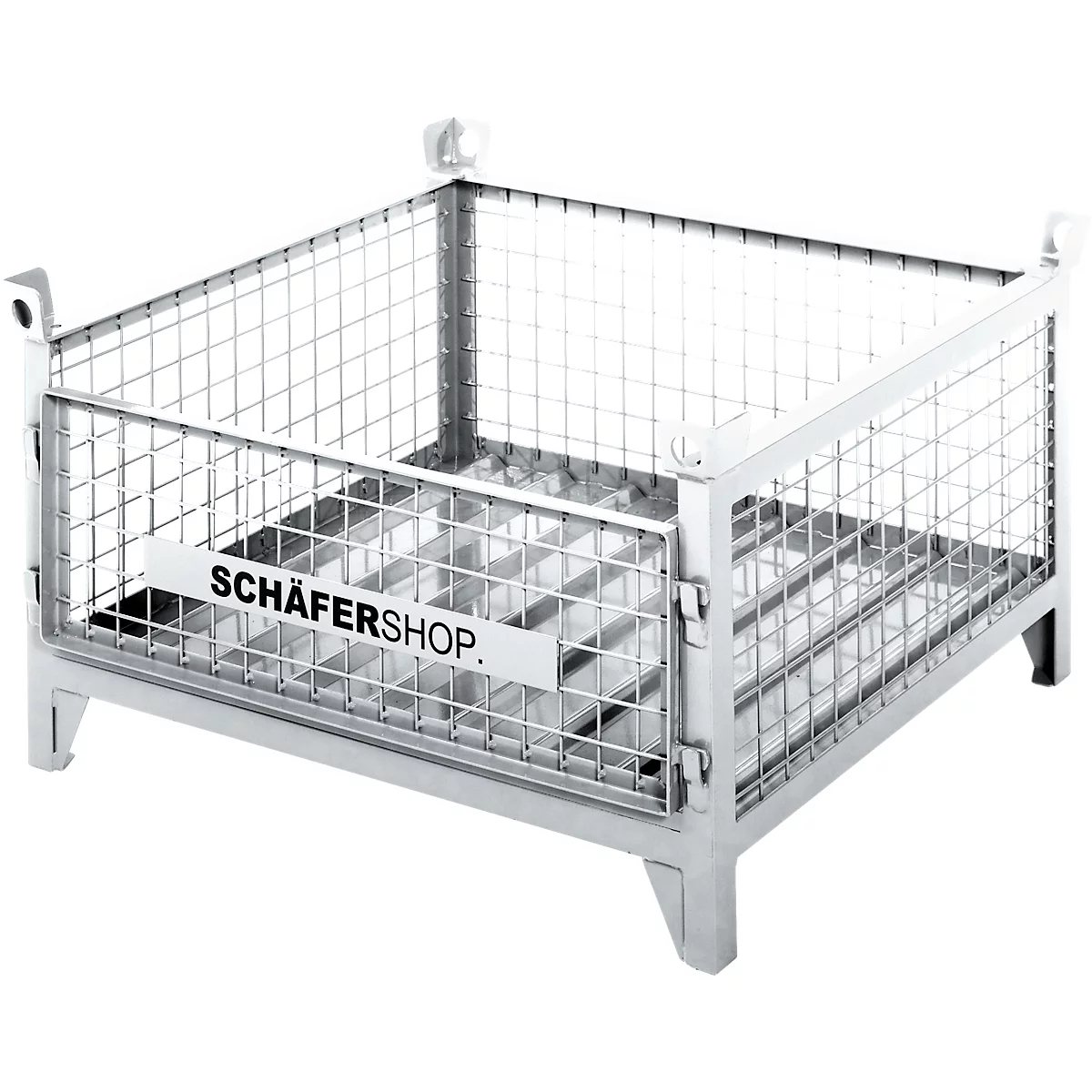 Een lege, rechthoekige draadmand. Op een bord staat "SCHÄFERSHOP". De mand staat op poten.