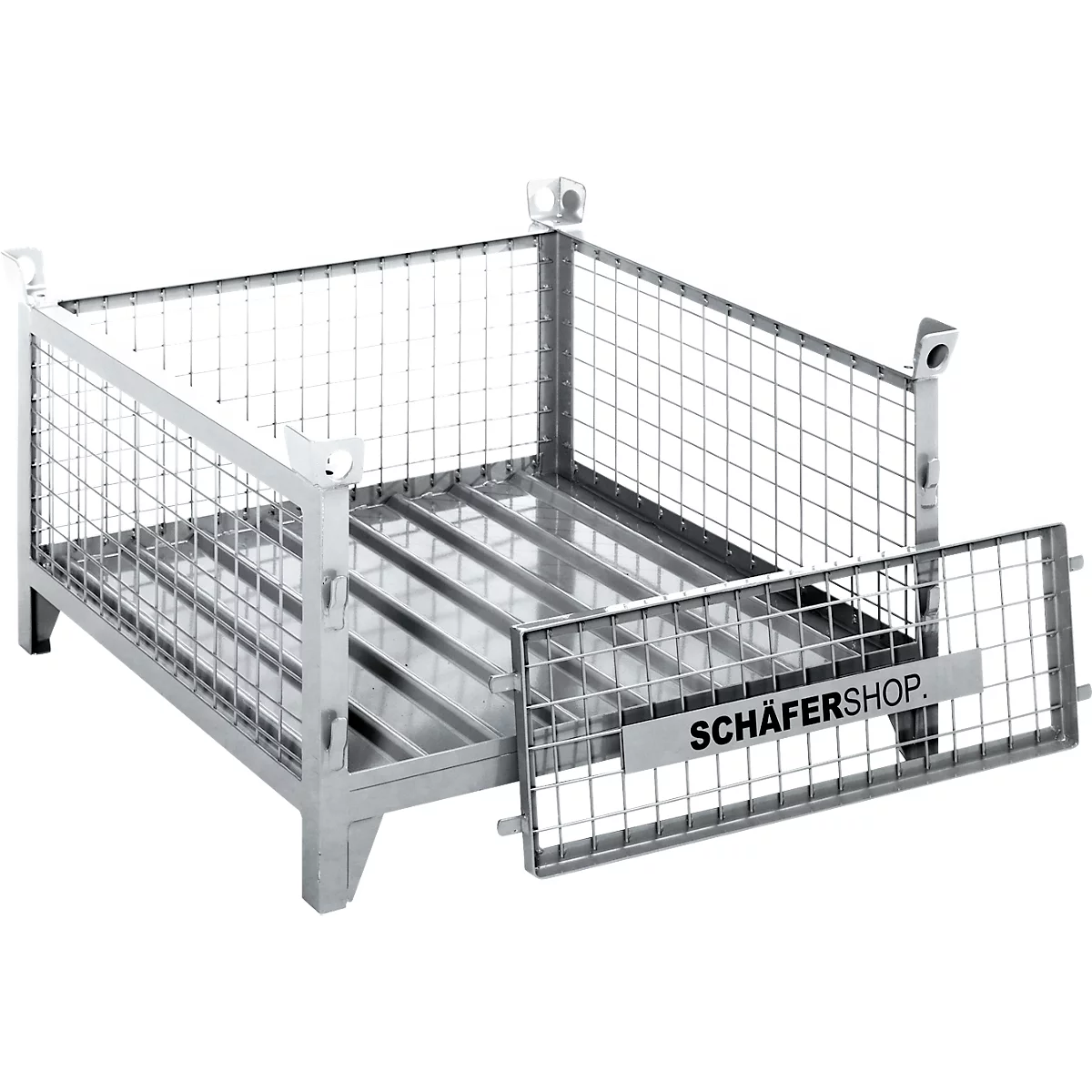 Metalen draadgaascontainer, open voorkant, met opschrift.