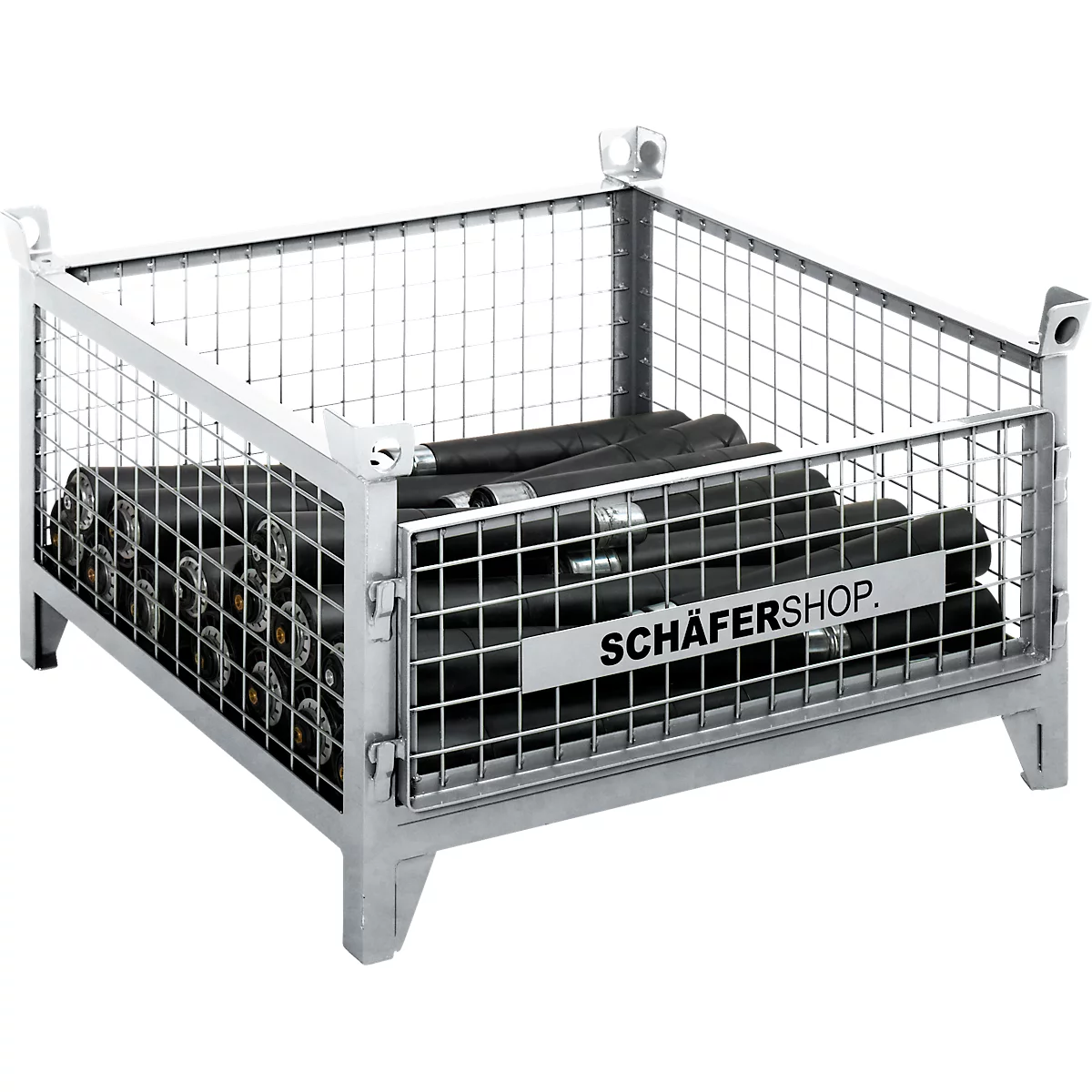 Gaasbox met zwarte rollen. Op een bord staat 'SCHÄFERSHOP'.
