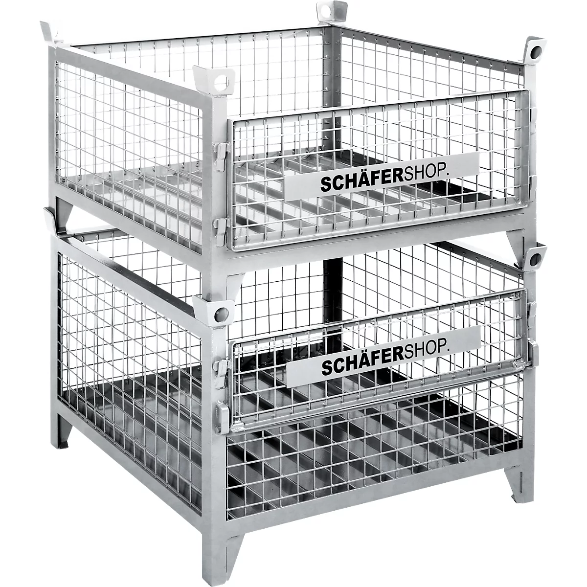 Twee metalen gaasmanden, op elkaar gestapeld. Op elke mand staat "SCHÄFERSHOP.".